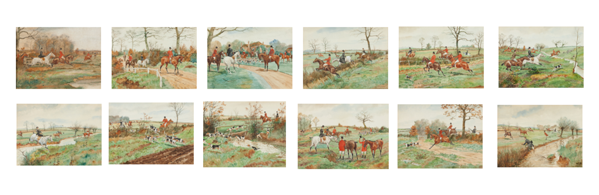 Foxhunting Scenes; a set of 12 by George Derville Rowlandson