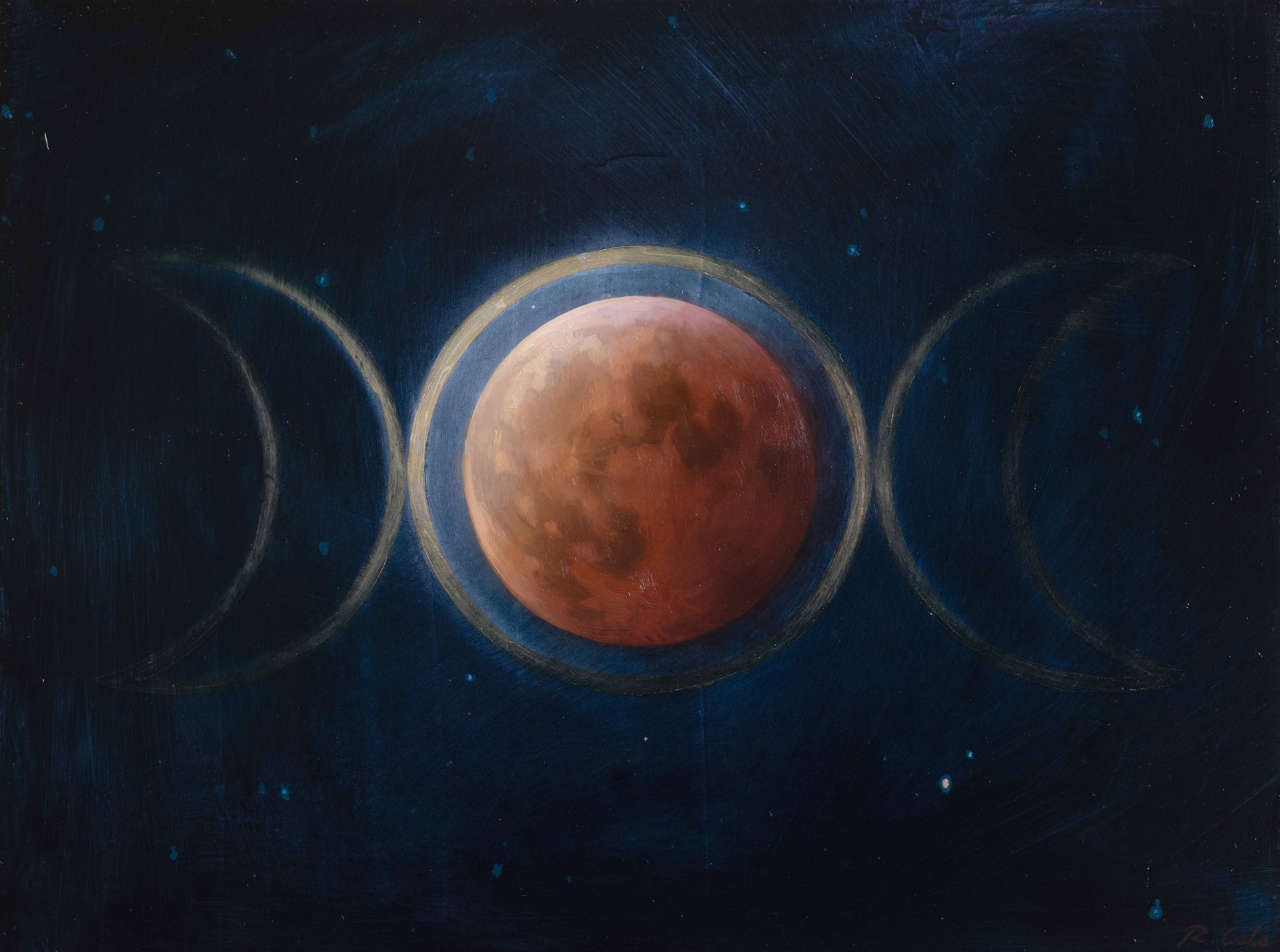 Oil and gold painting on panel depicting a mysterious red moon hanging over a tranquil lake, titled "Blood Moon" by Robin Cole.