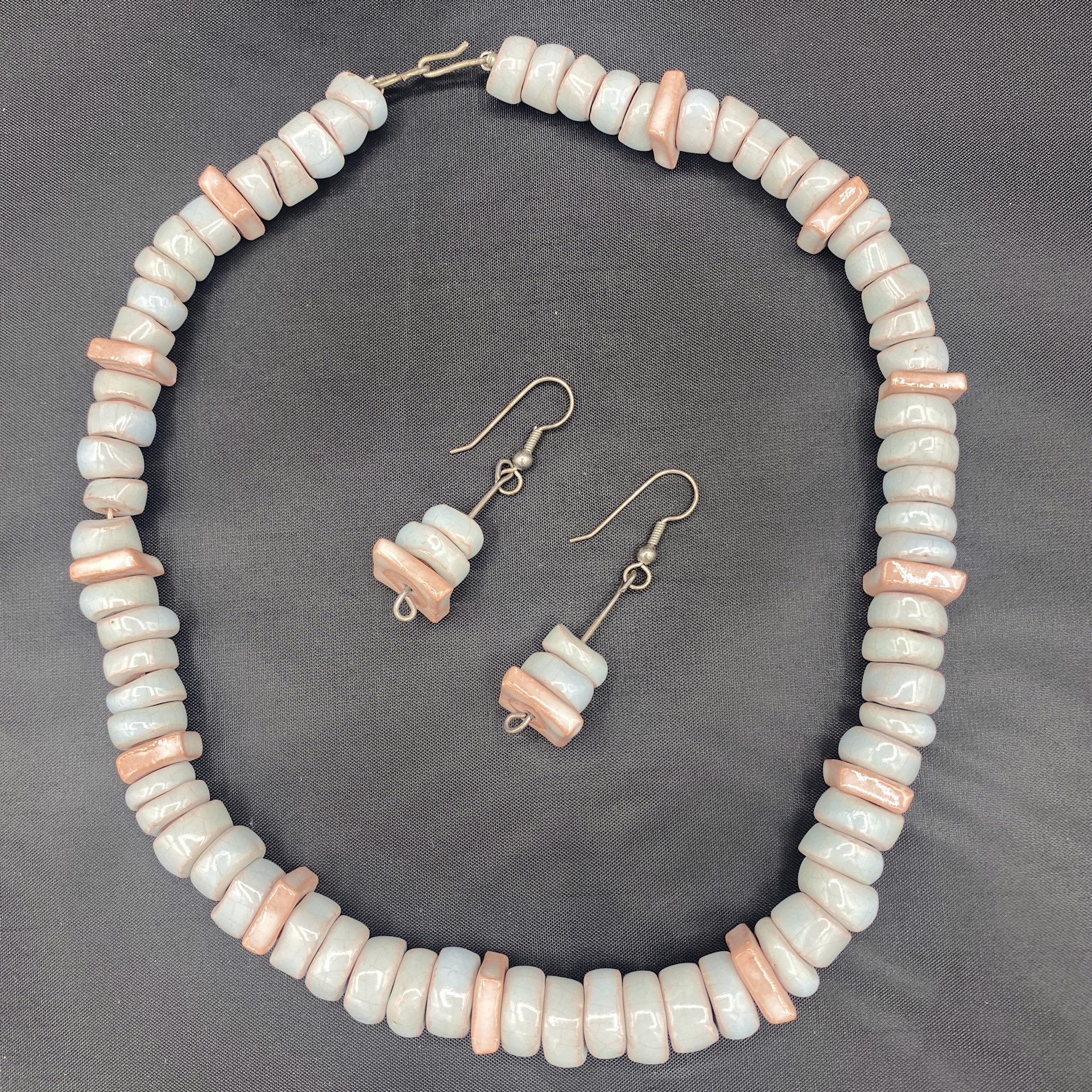 16.5" Baby Blue & Pink Bead Necklace & 2" earrings by Stella Sullivan