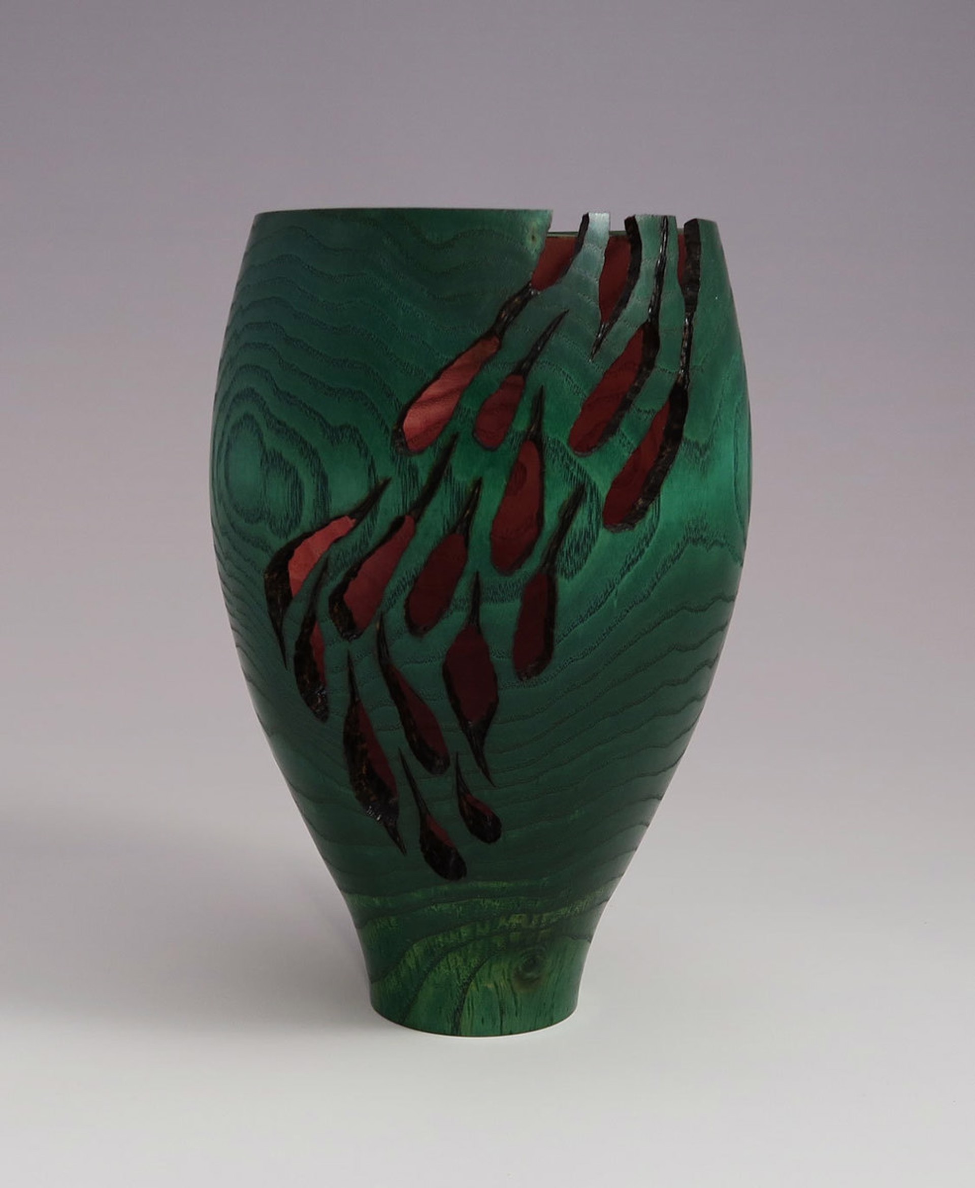 Ash Vase Dyed Green with Carved Fire Pattern by Frank Didomizio