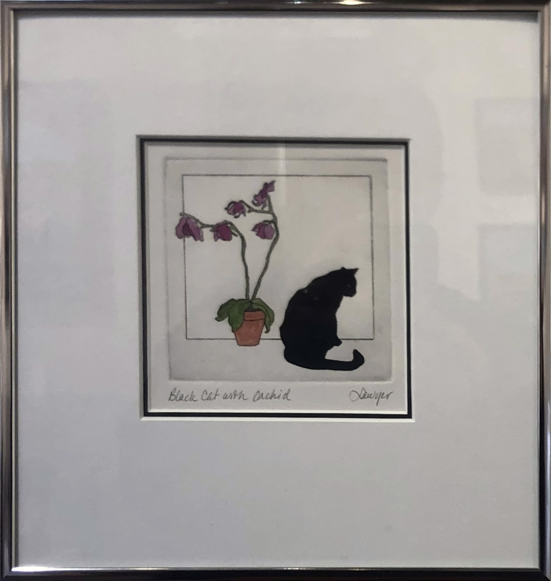 Black Cat with Orchid (framed) by Anne Sawyer
