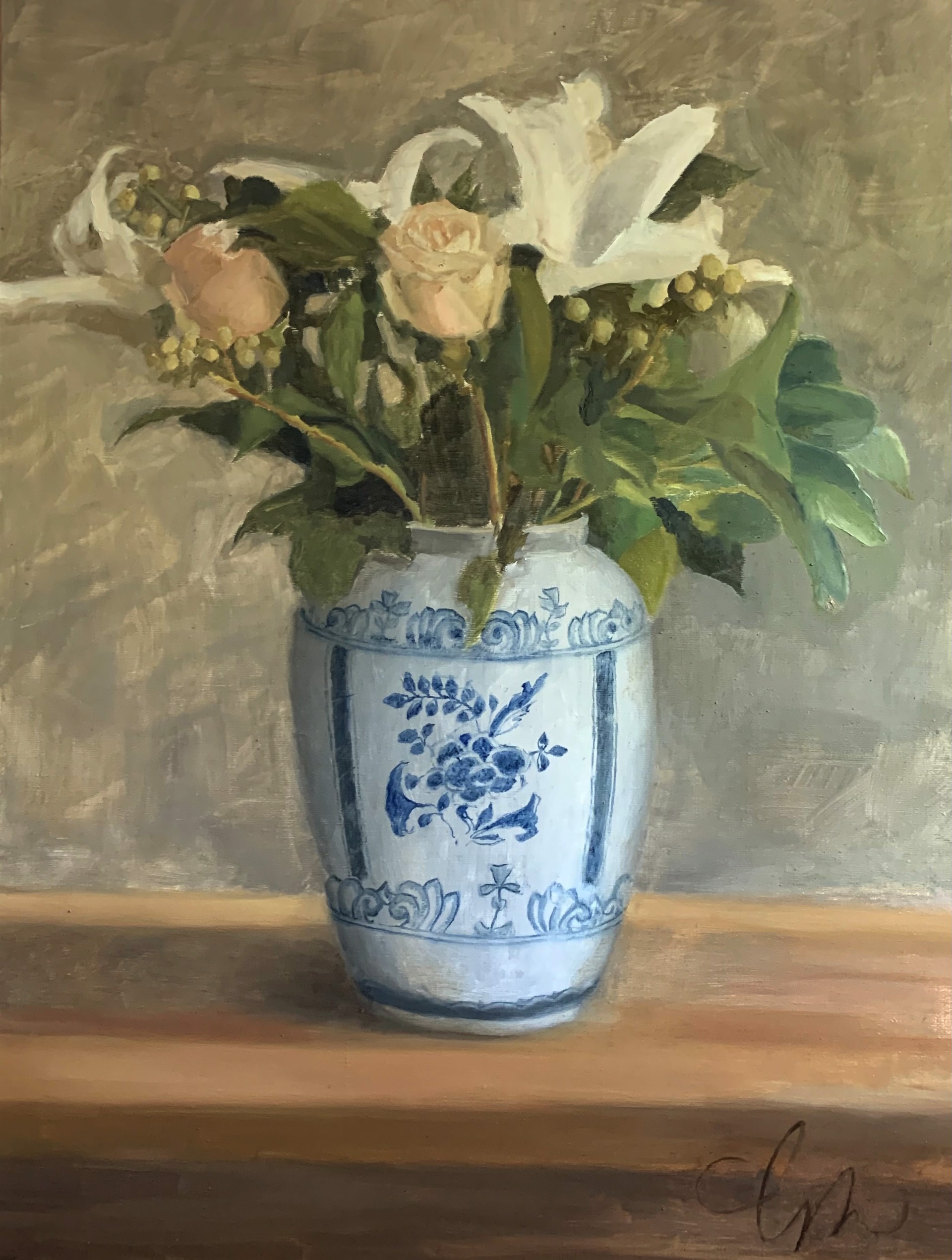 Lilies, Roses, Delft Vase by Laura Murphey