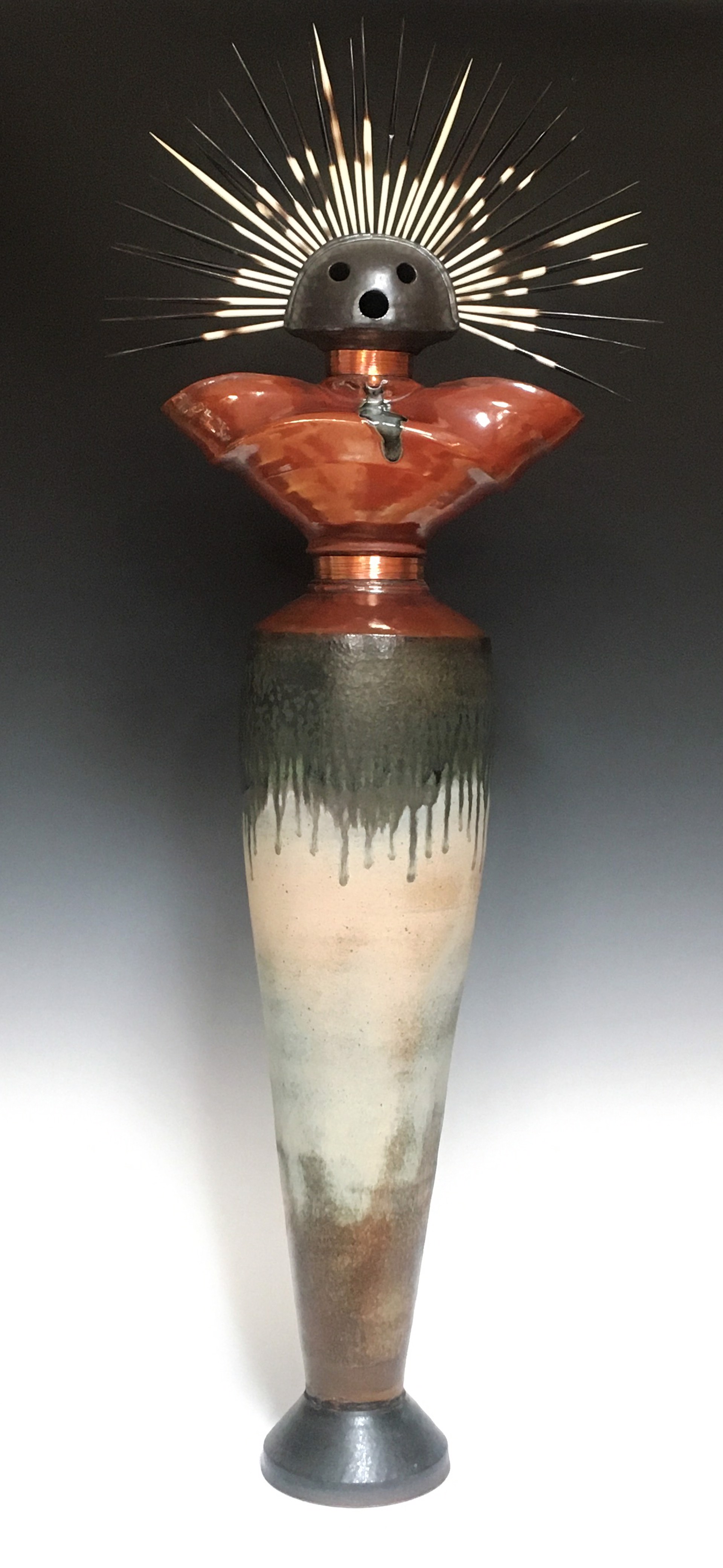 Tall Kachina ~ Sculpted and Thrown Ceramic with Copper and Porcupine Quills by Heath Krieger