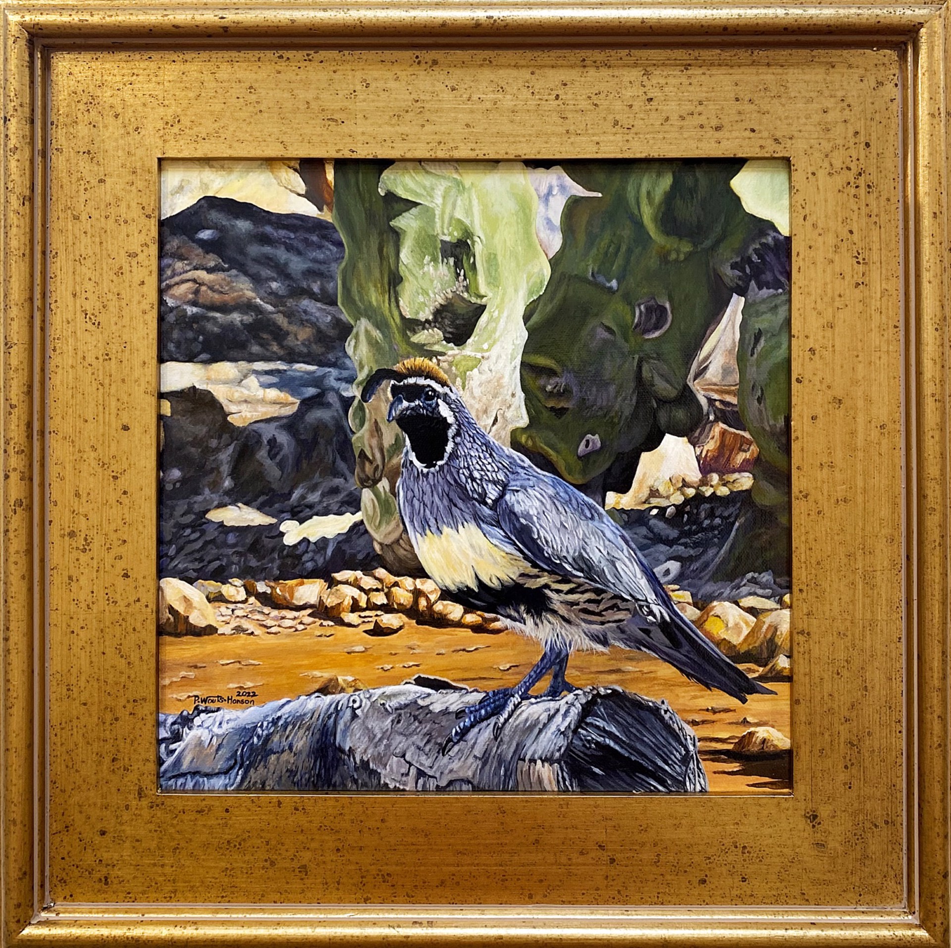 Solace Near the Totem Pole----Gambel Quail by Paula Wouts-Hanson