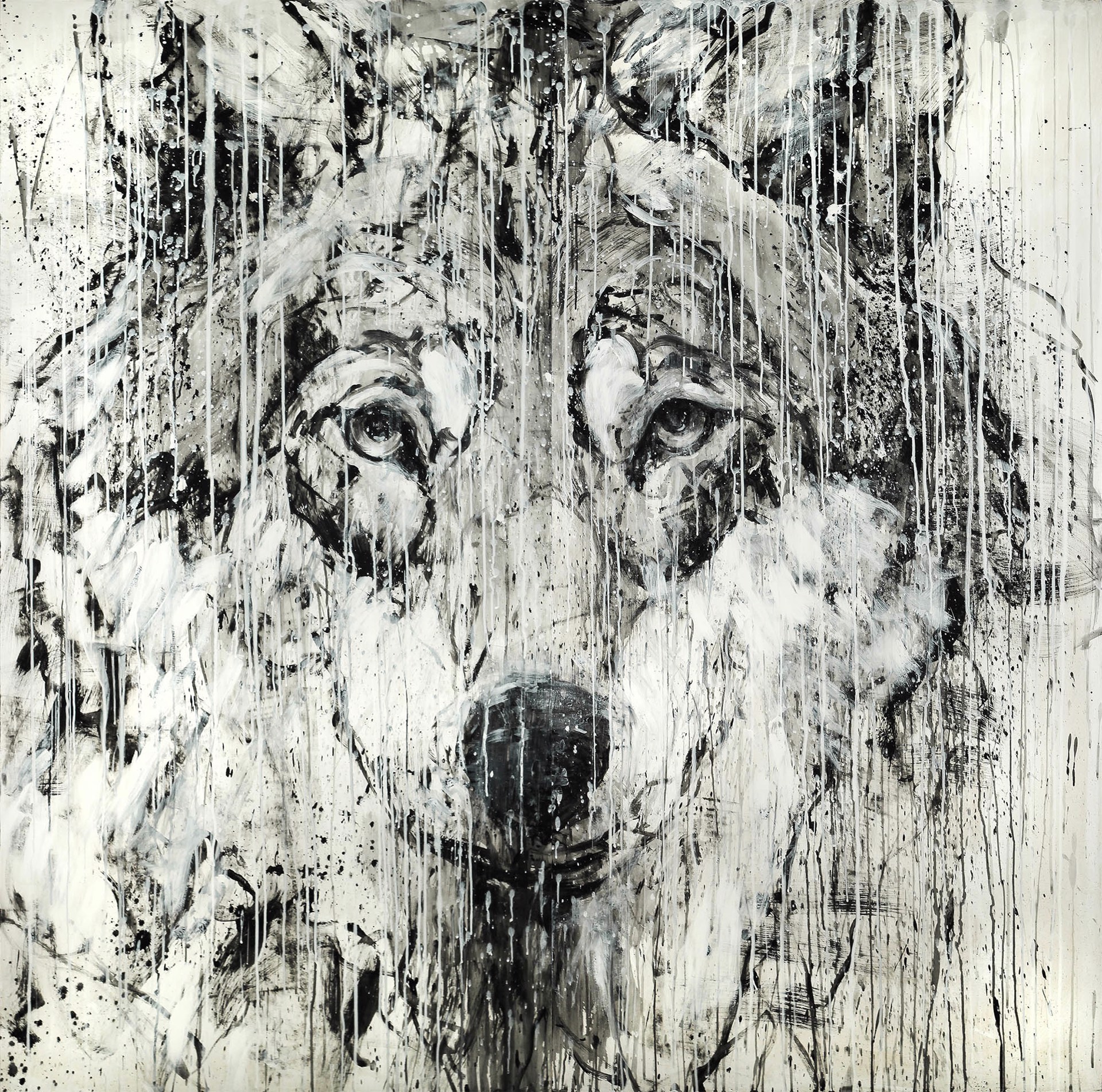A Contemporary Painting Of A Wolf Portrait In Black And White, Diptych By Matt Flint
