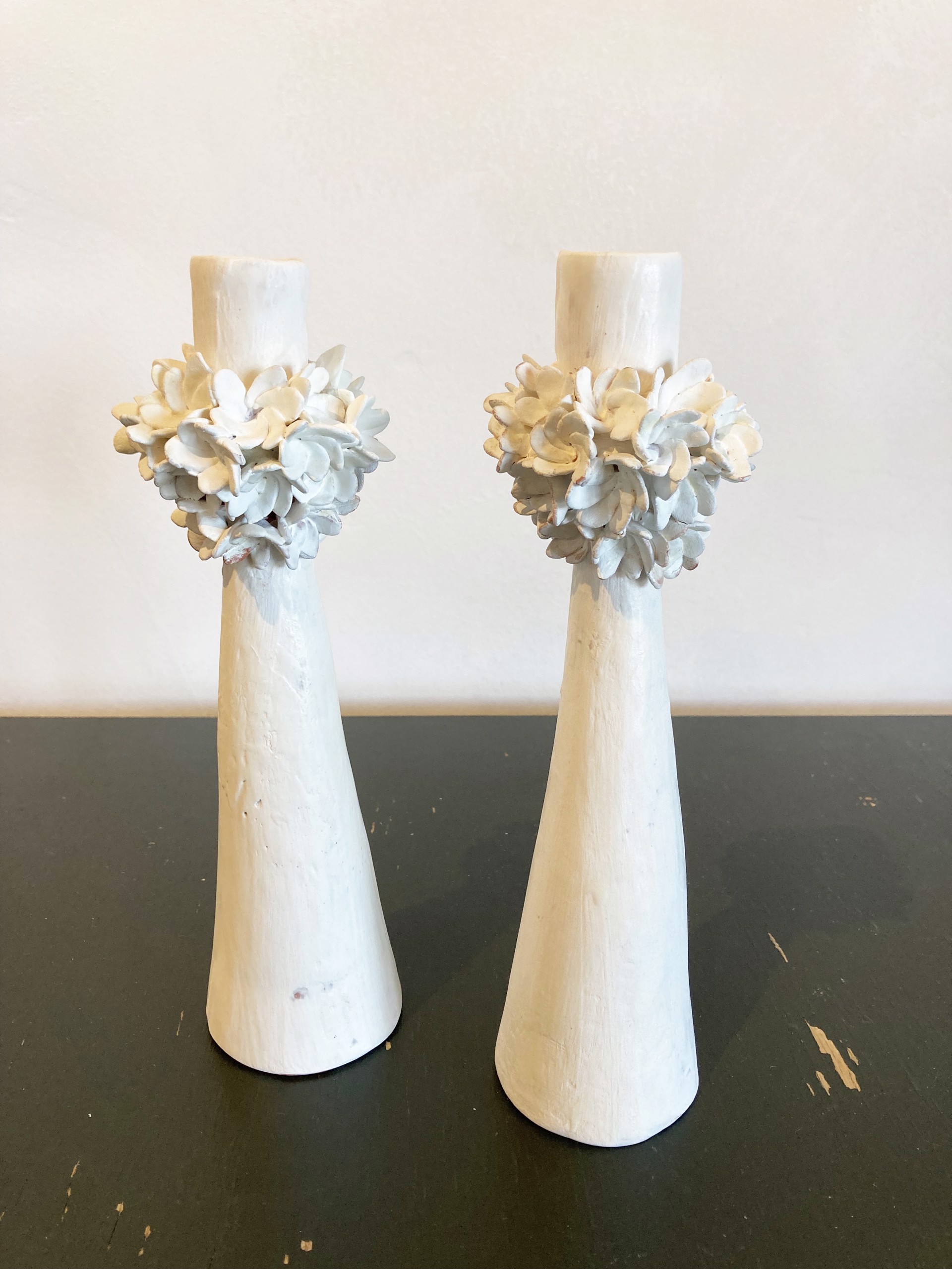 Tall White Candle Pair with Flowers by Maggie Jaszczak