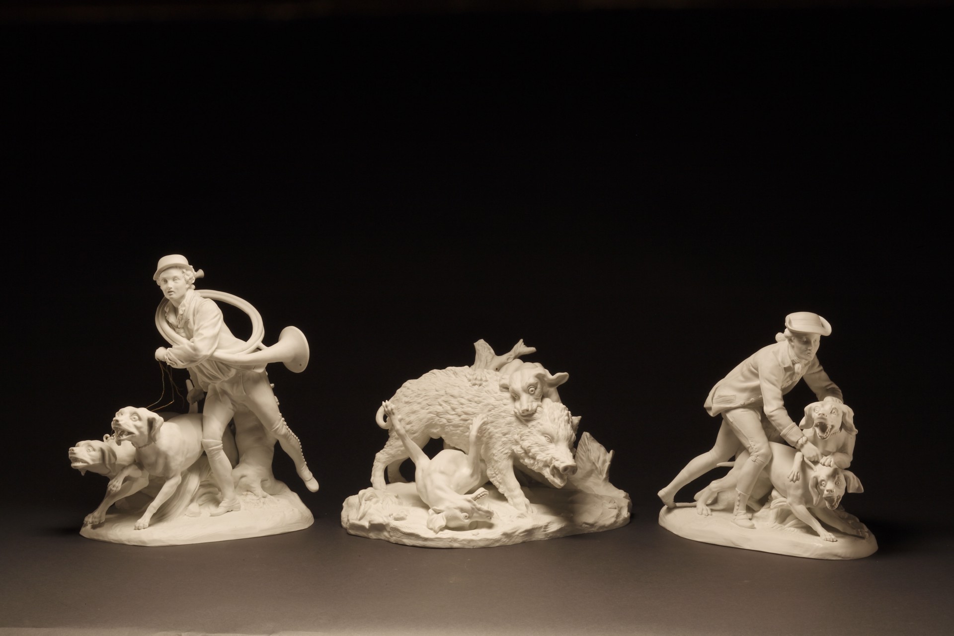 SAMSON BISCUIT PORCELAIN GROUP OF A WILD BOAR HUNT AND DOGS