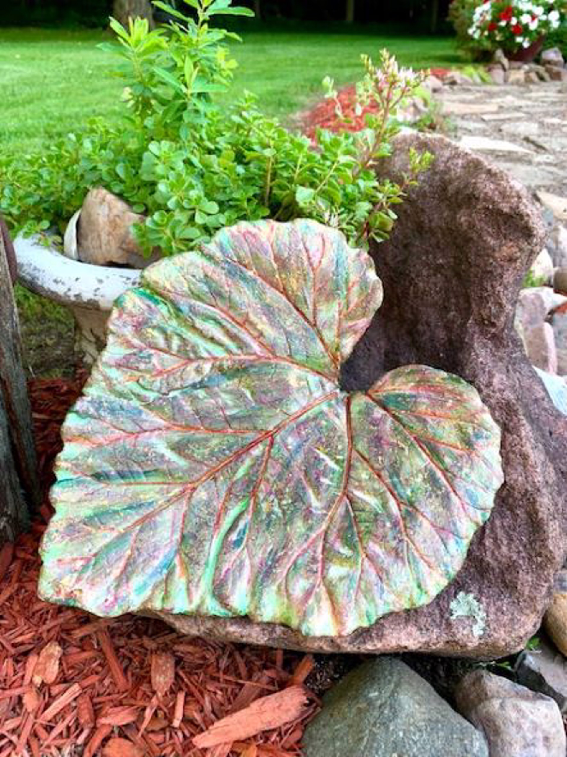Rhubarb Leaf #1 - greens, reds & gold sparkle by Pam O'Neall