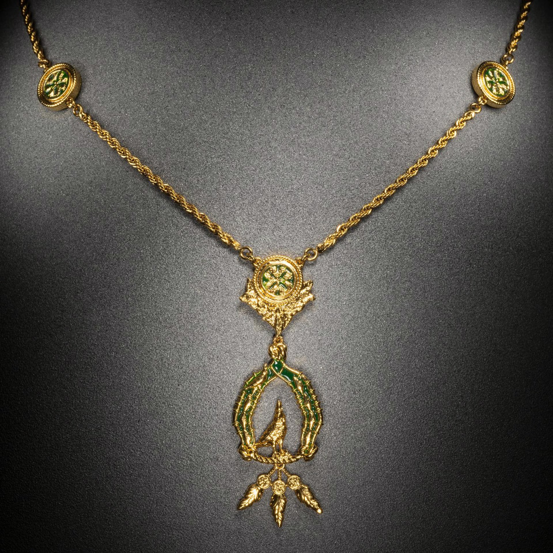 Vigor Necklace with Feathers - Gold & Green by Angela Mia