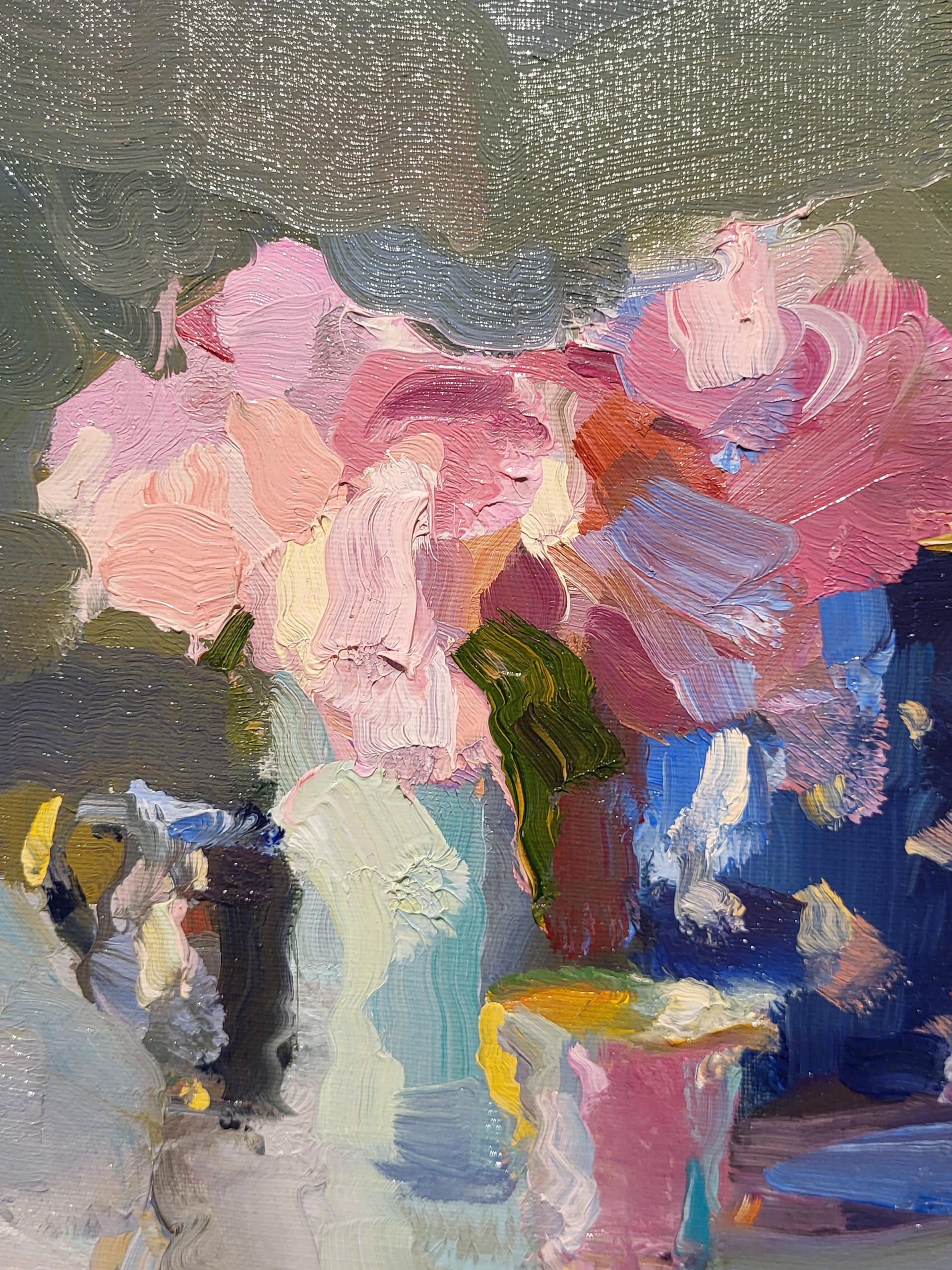 PEONIES AND BLUE PITCHER by CHRISTINE LAFUENTE