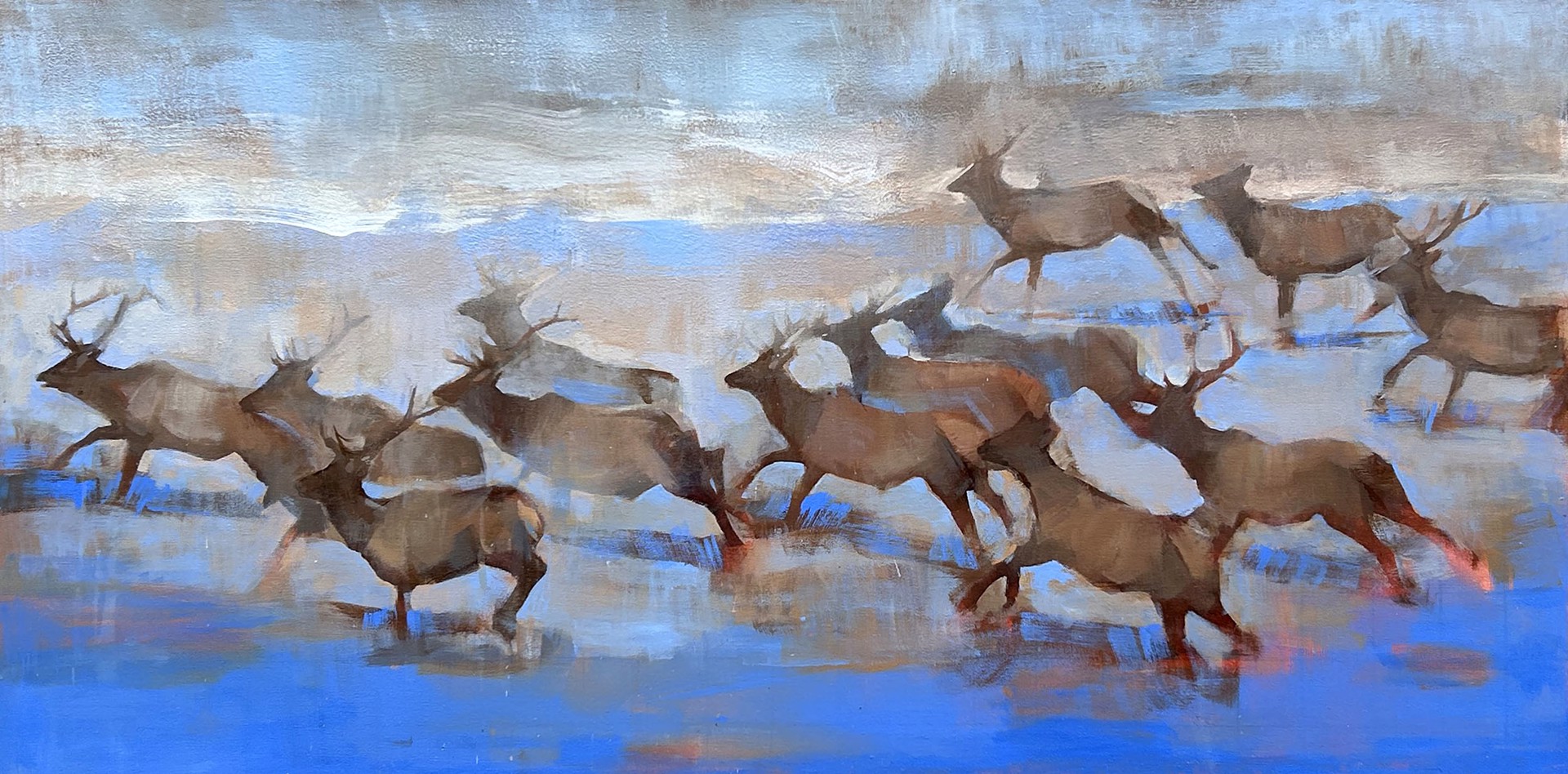 Original Acrylic Painting By Taryn Boals Featuring An Elk Herd Running Across Abstracted Background