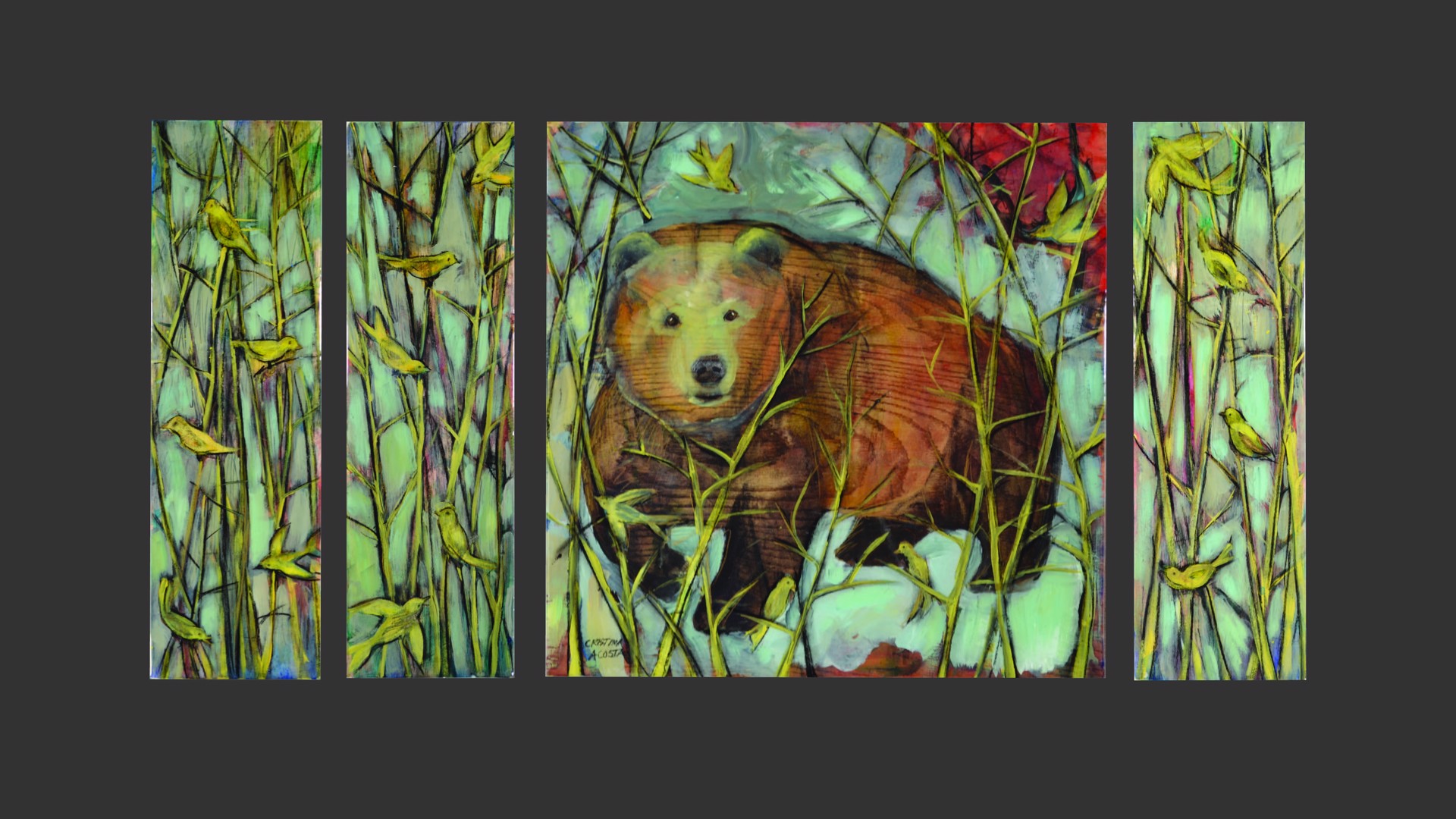 Sweet Bear with Yellow Birds Quadtych by Cristina Acosta