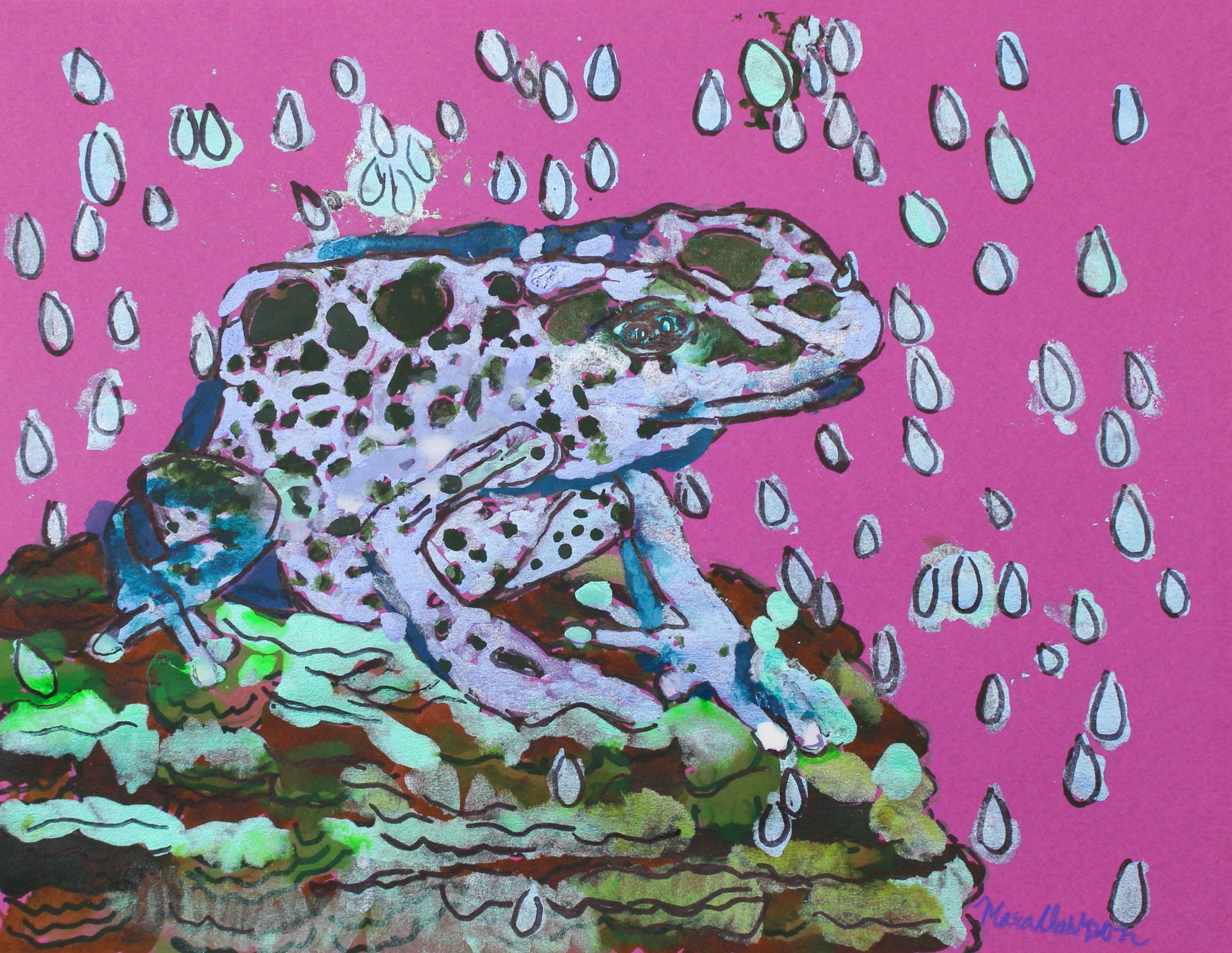Blue Frog Under the Rain Drops (FRAMED) by Mara Clawson