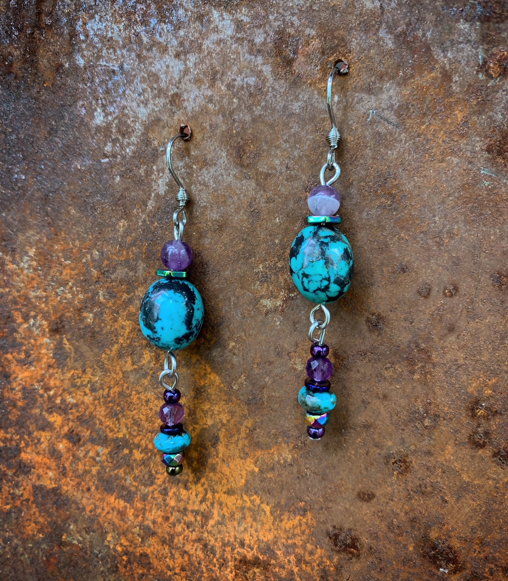 K846 Turquoise and Amethyst Earrings by Kelly Ormsby