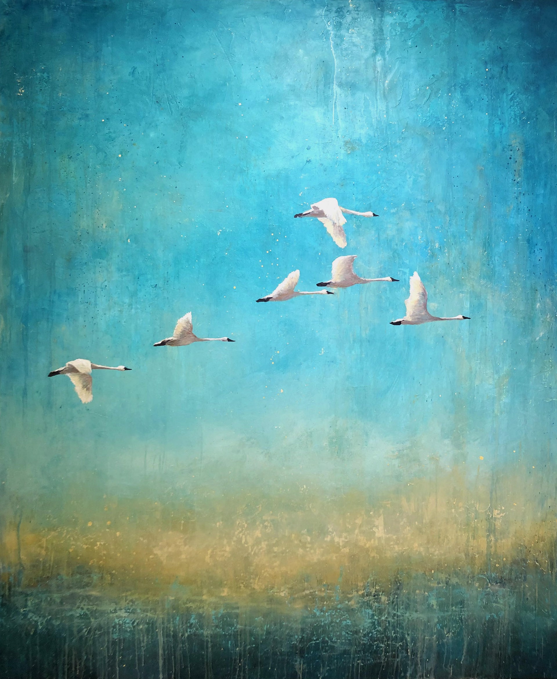 A Contemporary Mixed Media Painting Of A Group Of Swans Flying By Matt Flint