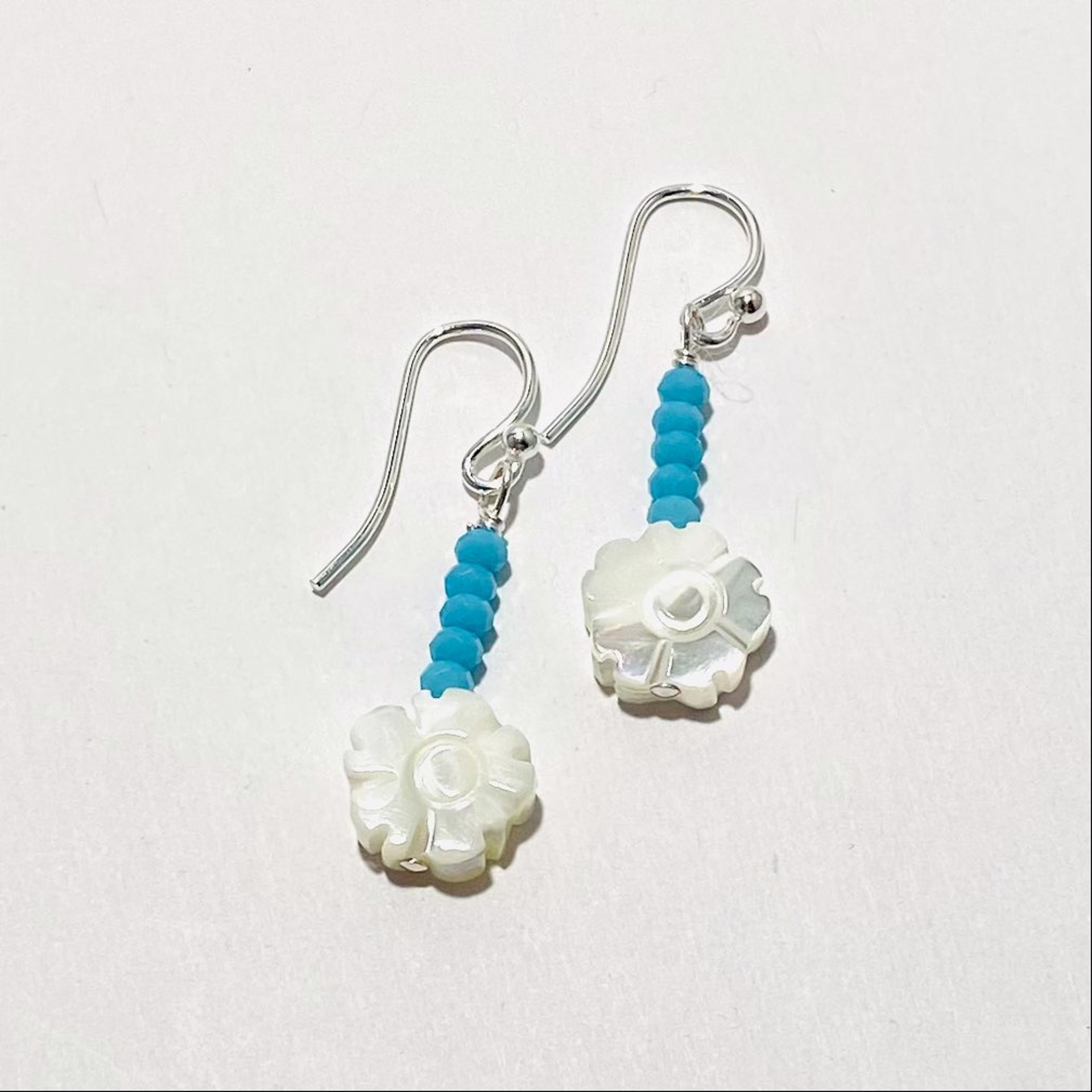 NT22-243  Mother Of Pearl Carved Flower Amazonite Earrings by Nance Trueworthy