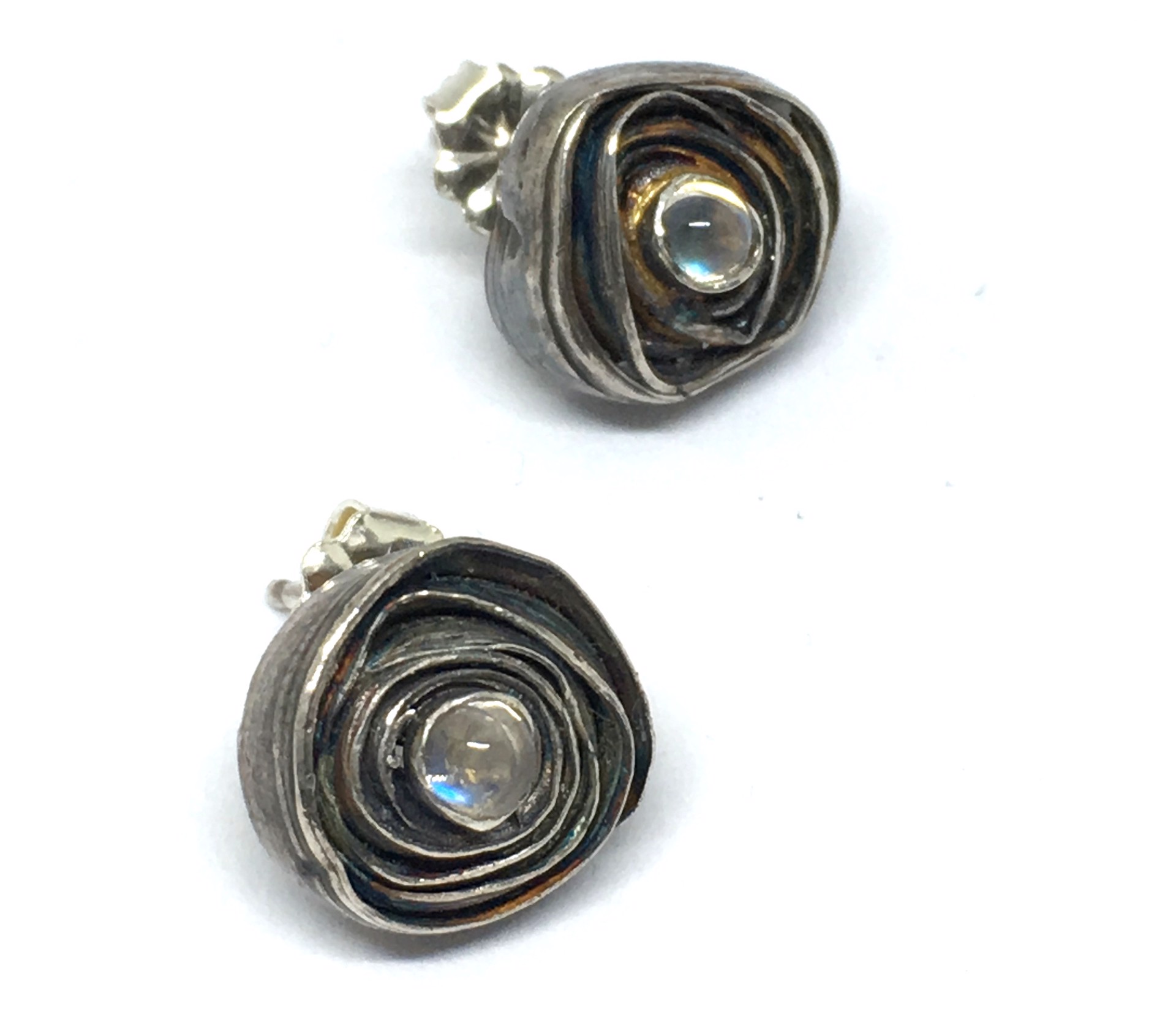 Mitsuro Hikime Rose Post Earrings in Sterling Silver with Moonstone Gemstones by Melicia Phillips