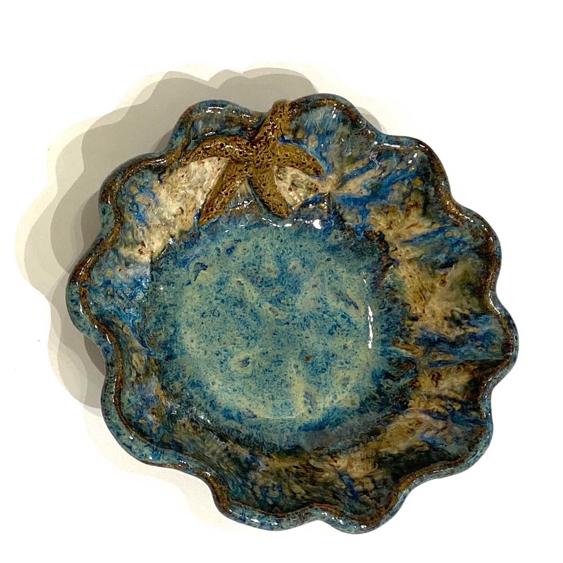 LG23-1033 Mini Round Scalloped Bowl with Starfish (Blue Glaze) by Jim & Steffi Logan