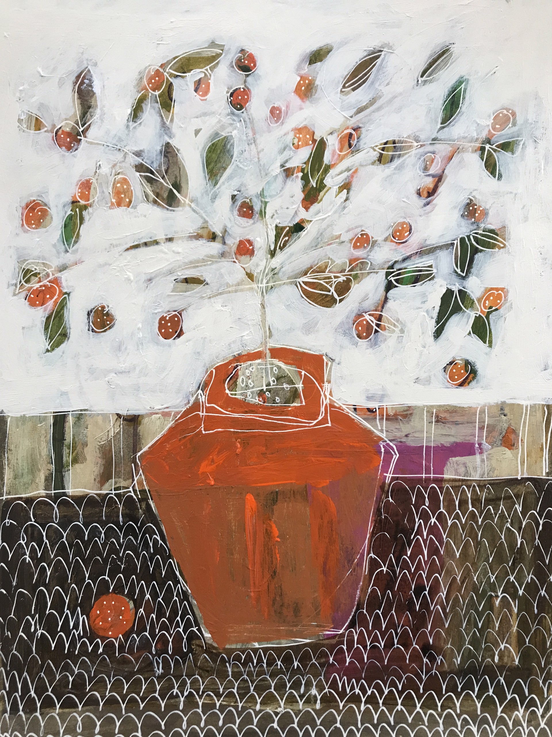 Mandarin Orange Tree in Red Vase by Rachael Van Dyke
