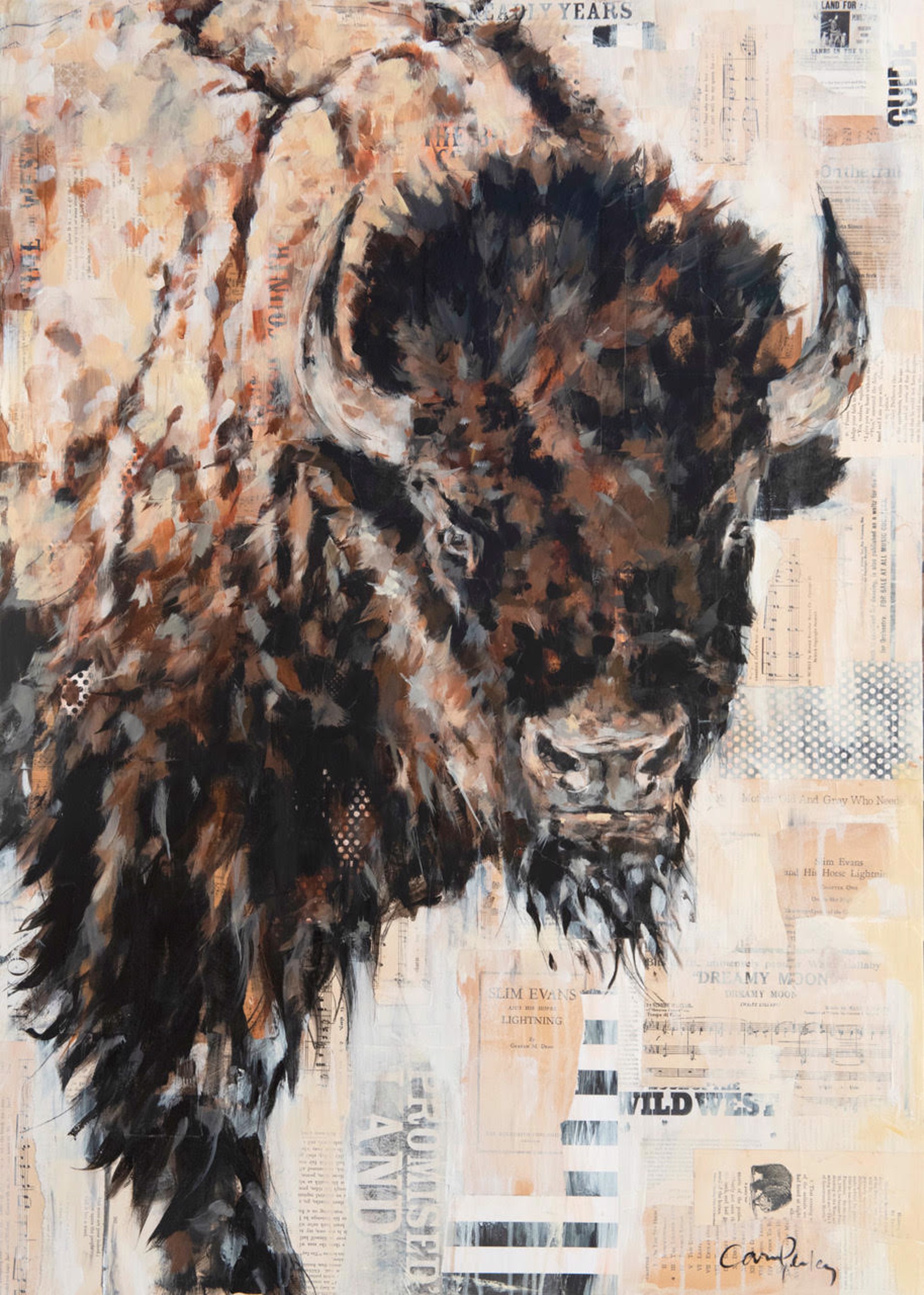 A Contemporary Painting Of A Bison On Collage By Carrie Penley Available At Gallery Wild
