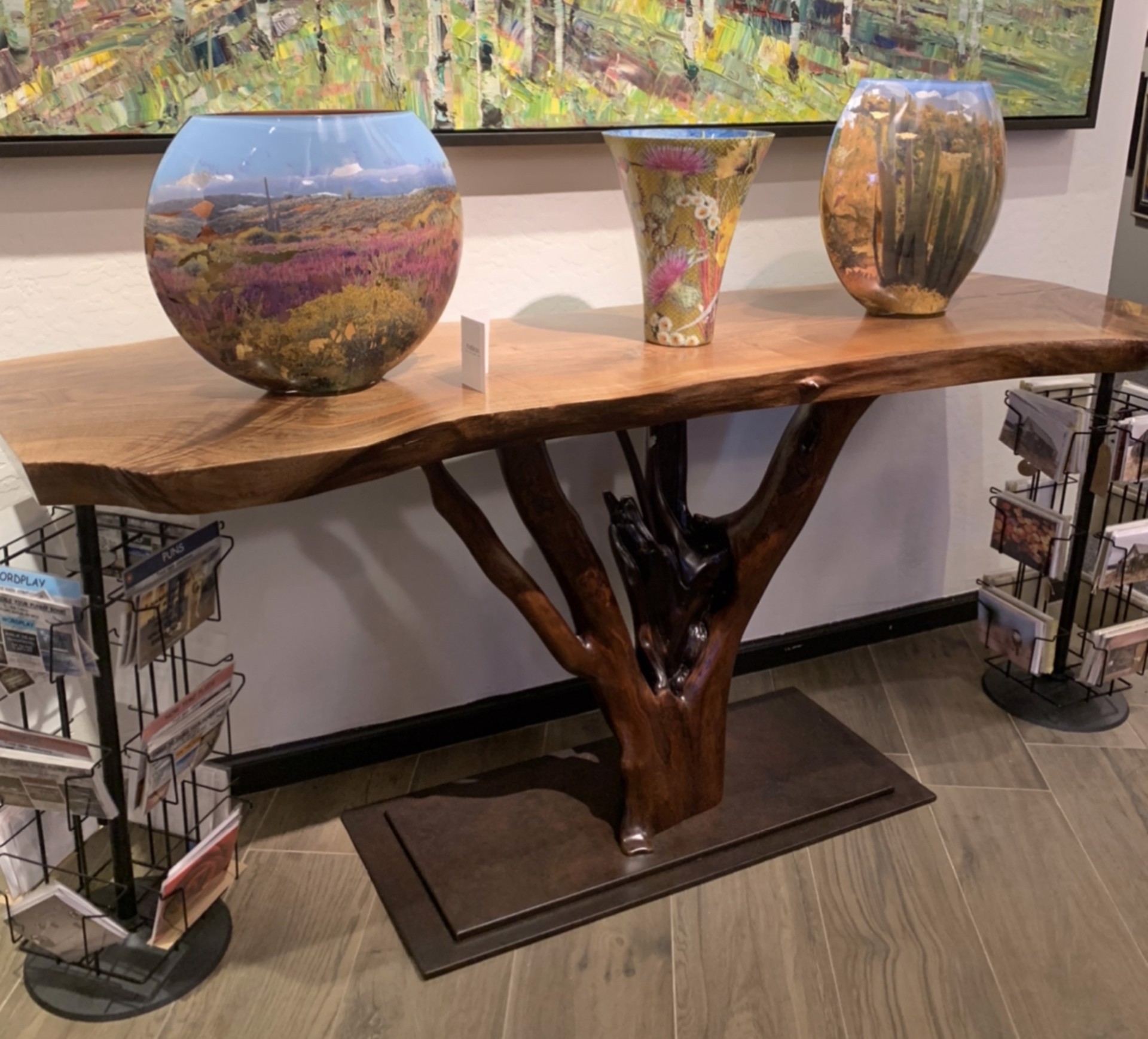 Bastogne Walnut Console with Carved Ironwood Base (120221A) by Ron Gill