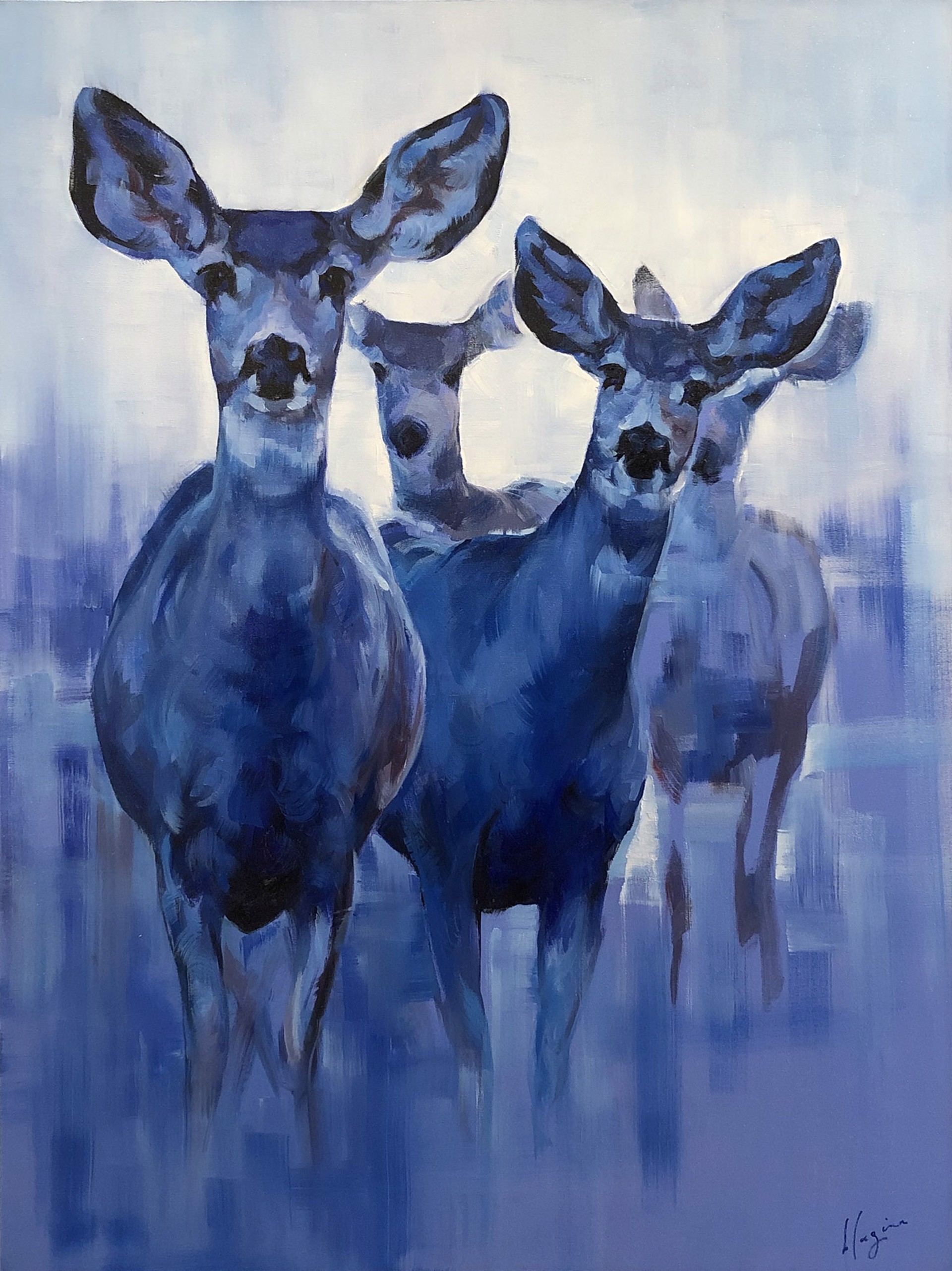 A Contemporary Oil Painting Of A Group Of Curious Blue Deer By Amber Blazina At Gallery Wild
