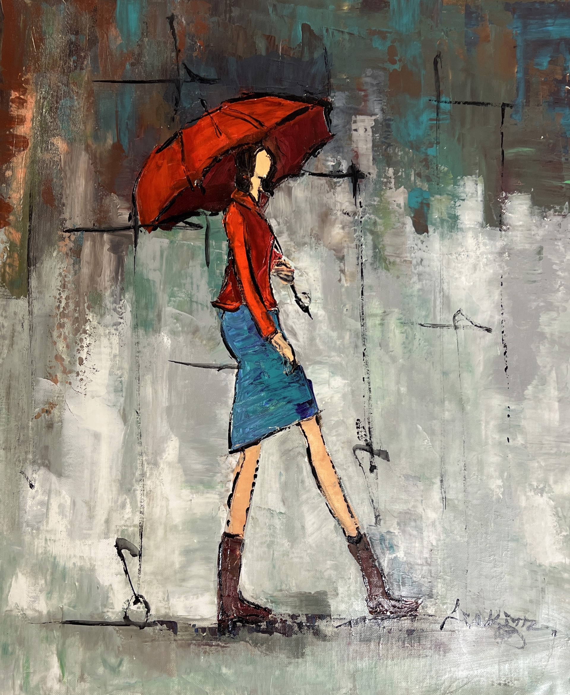 RED UMBRELLA AND BROWN BOOTS by LIA KIM