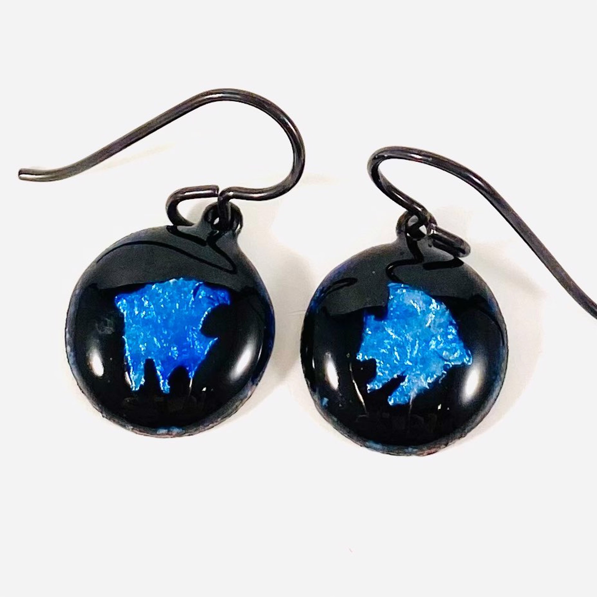Blue Fish on Black Vitreous Enamel Earrings by Karen Hakim