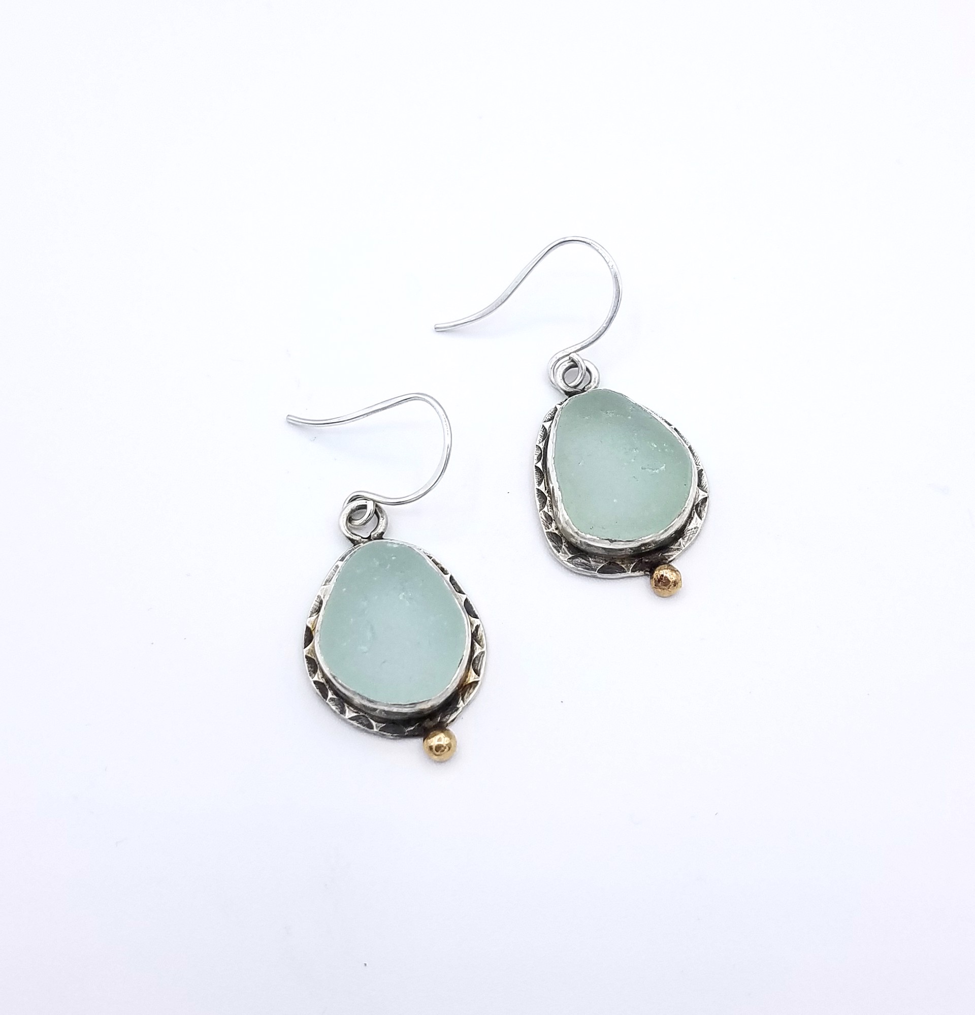 Thunder Cloud Blue Seaglass Earrings with Gold Dots by Judith Altruda