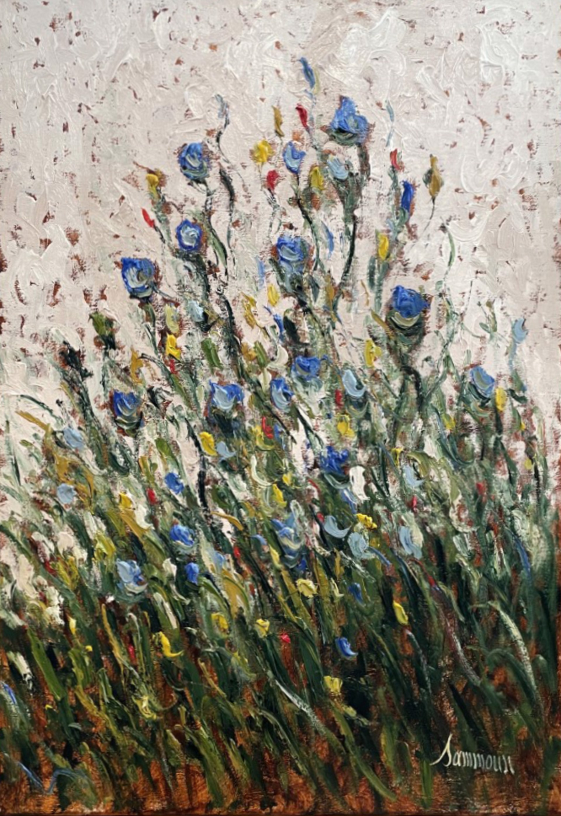 Blue poppies with Yellow and Red notes by Samir Sammoun