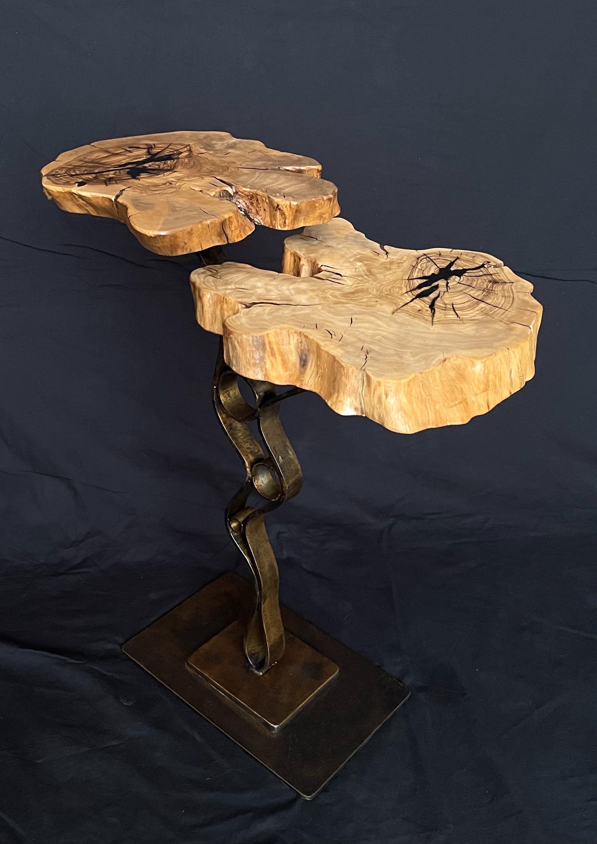 Two-tiered Olive Root Side Table On Looped 3 Ring Steel by Ron Gill