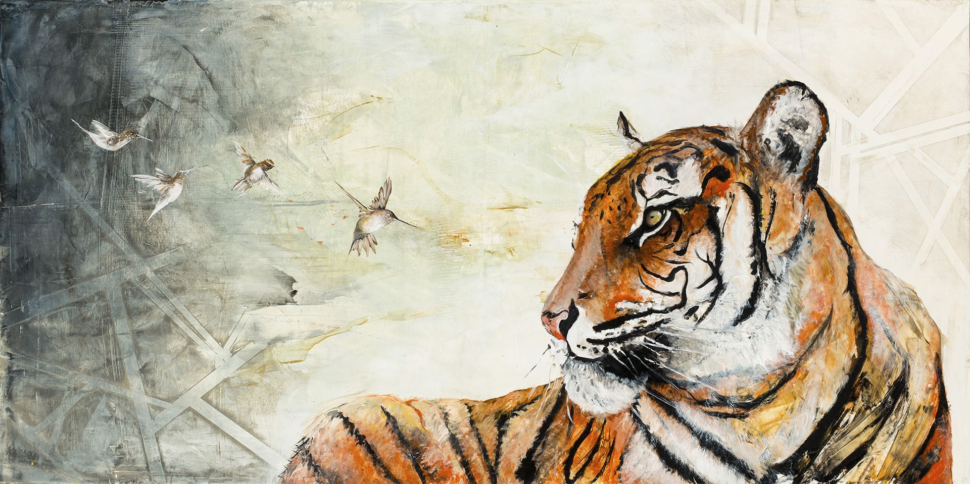 A Contemporary Painting Of A Tiger With Hummingbirds On An Abstract Background By Jenna Von Benedikt
