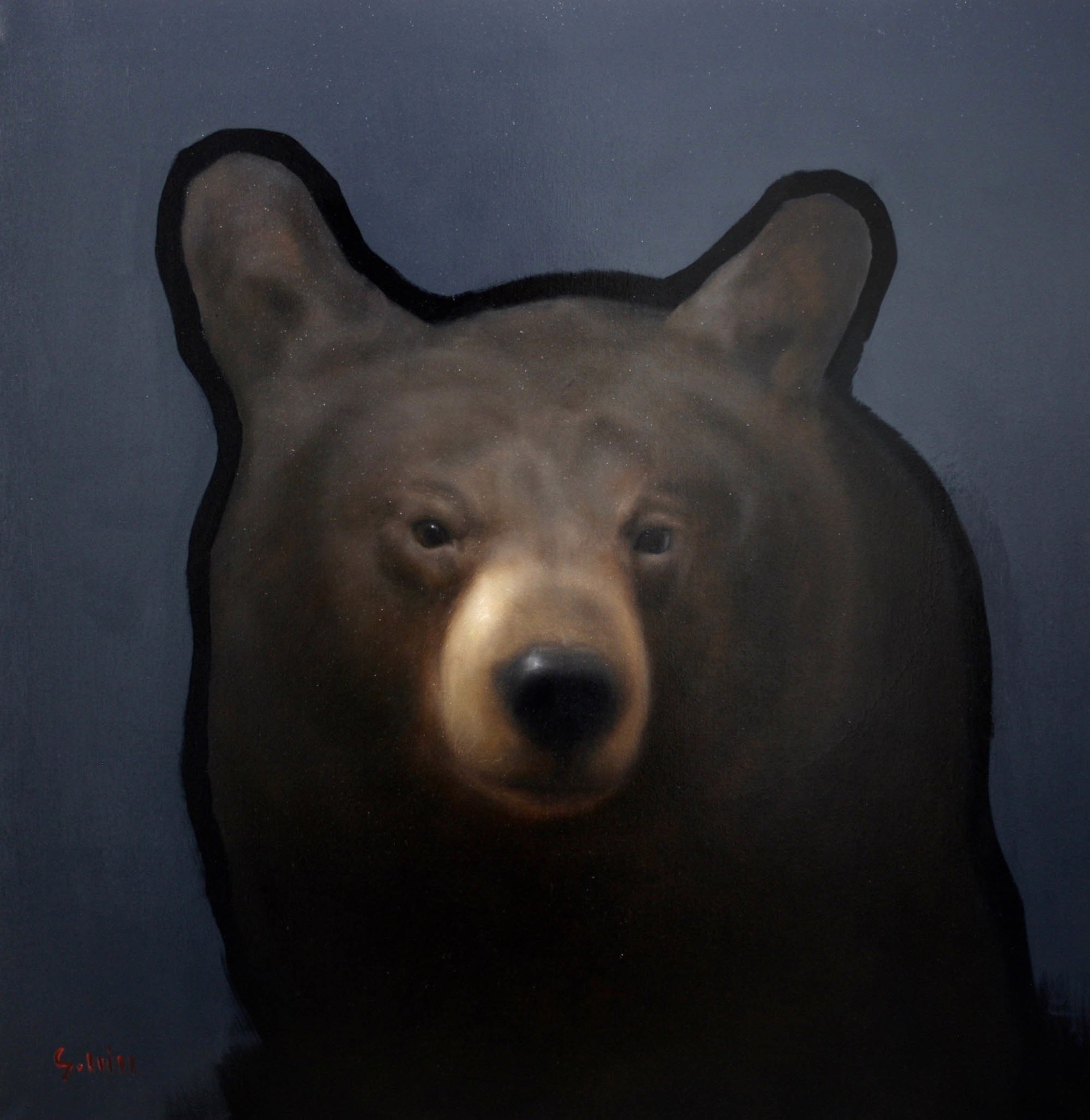 Original Oil Painting Featuring A Black Bear Outlined In Black On Gray Background