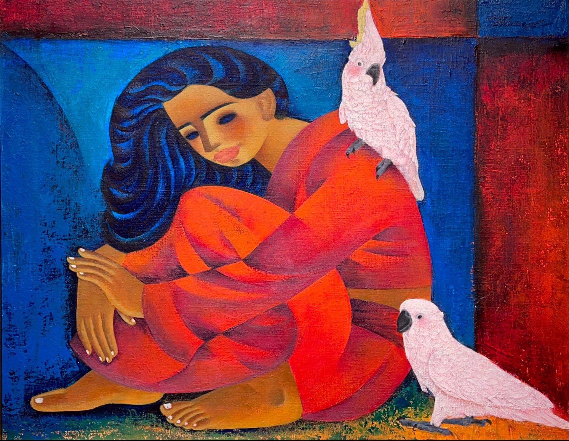 Girl & Two Parrots by Zhou Ling