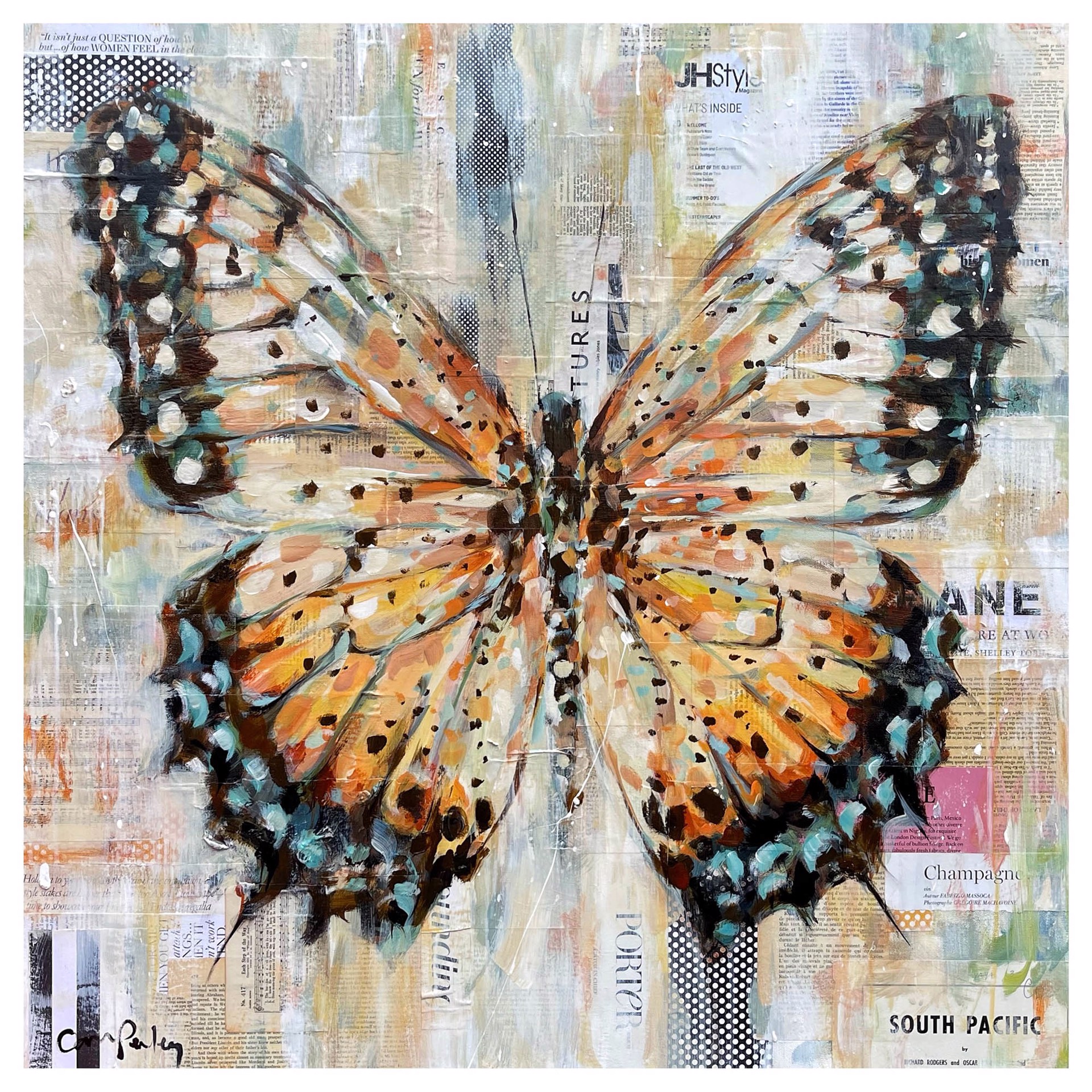 Original Mixed Media Painting Of A Yellow Butterfly With Collage Details