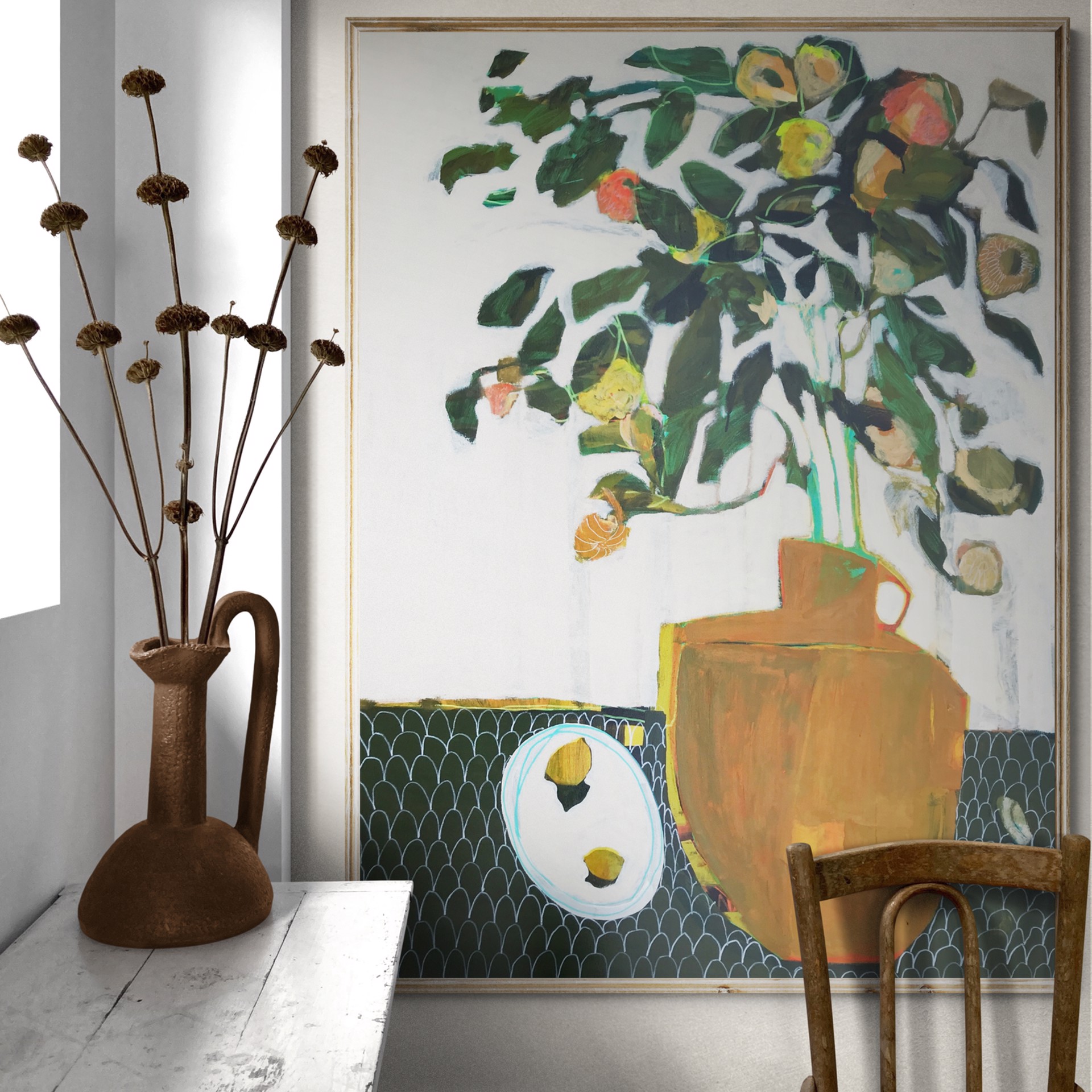 Vase, Lemons and Seashell on Table by Rachael Van Dyke