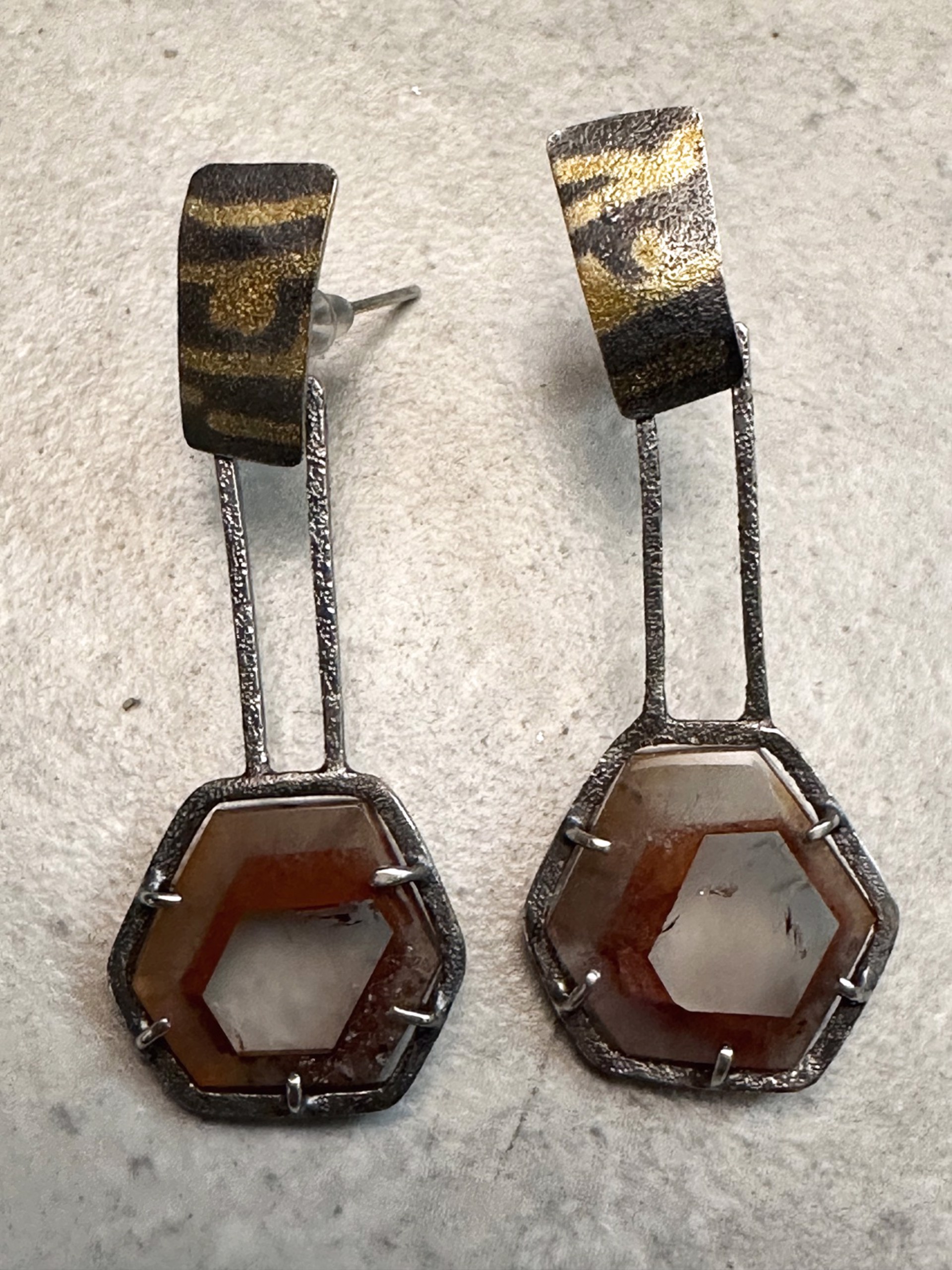 Earrings - Morrocan Red Quartz with 24 KT Gold Fusion Tribal Pattern AC 321 by Annette Campbell