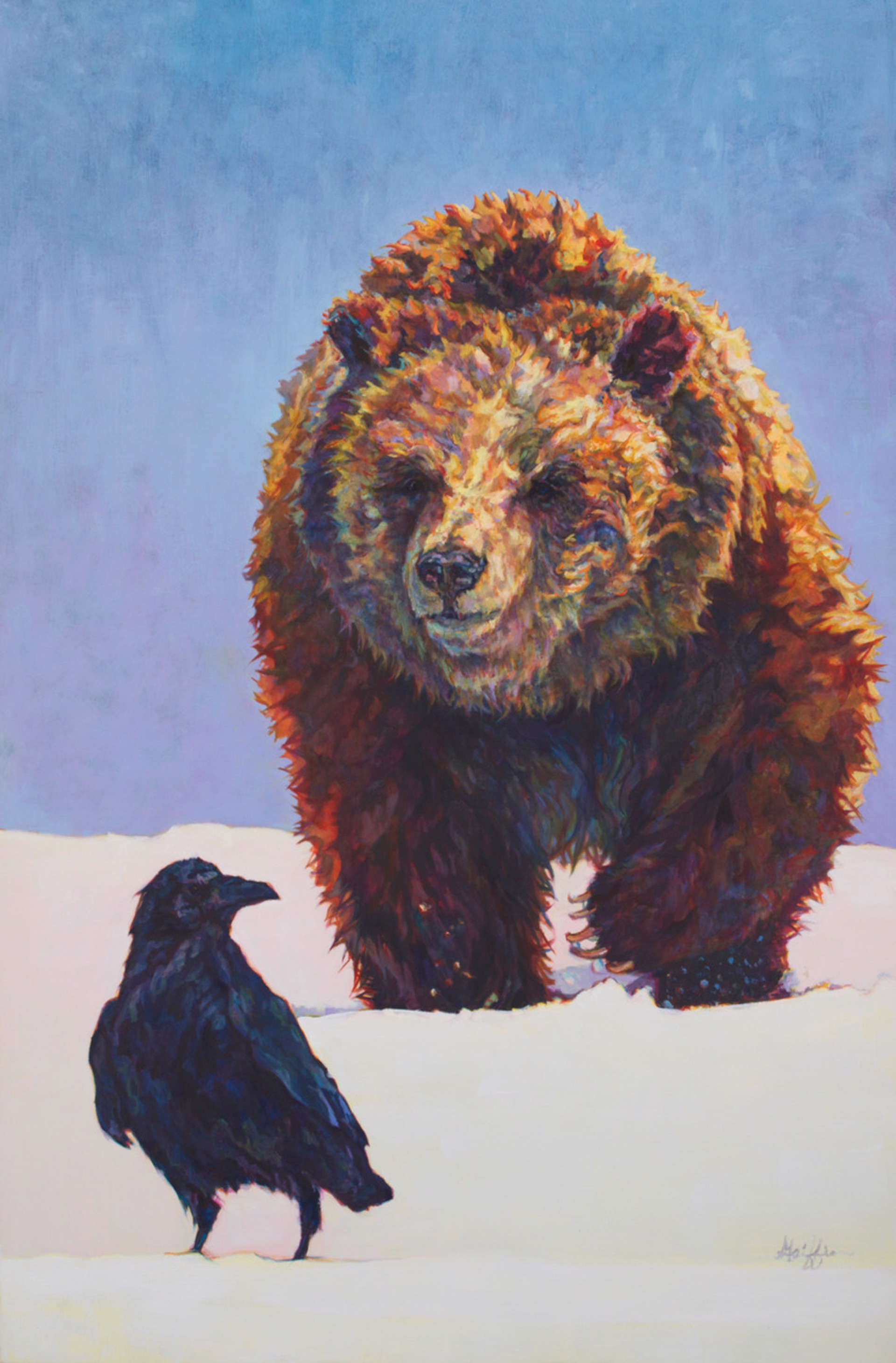Patricia Griffin Grizzly Bear And Raven Portrait In Oil On Linen, A Contemporary Fine Art Painting and Modern Wildlife Art Piece Available At Gallery Wild