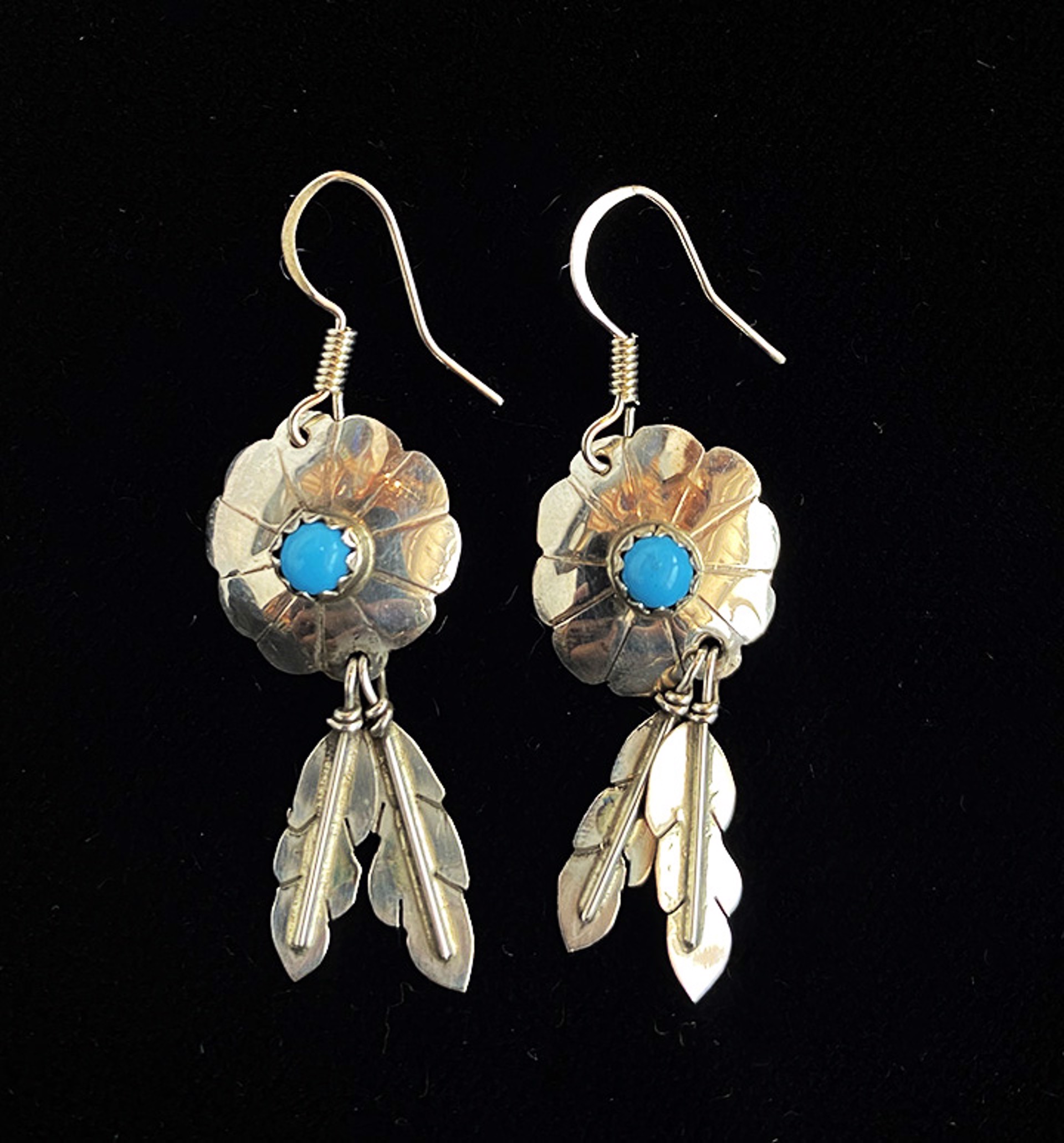 Feather Conch Earrings with Turquoise by Artist Unknown
