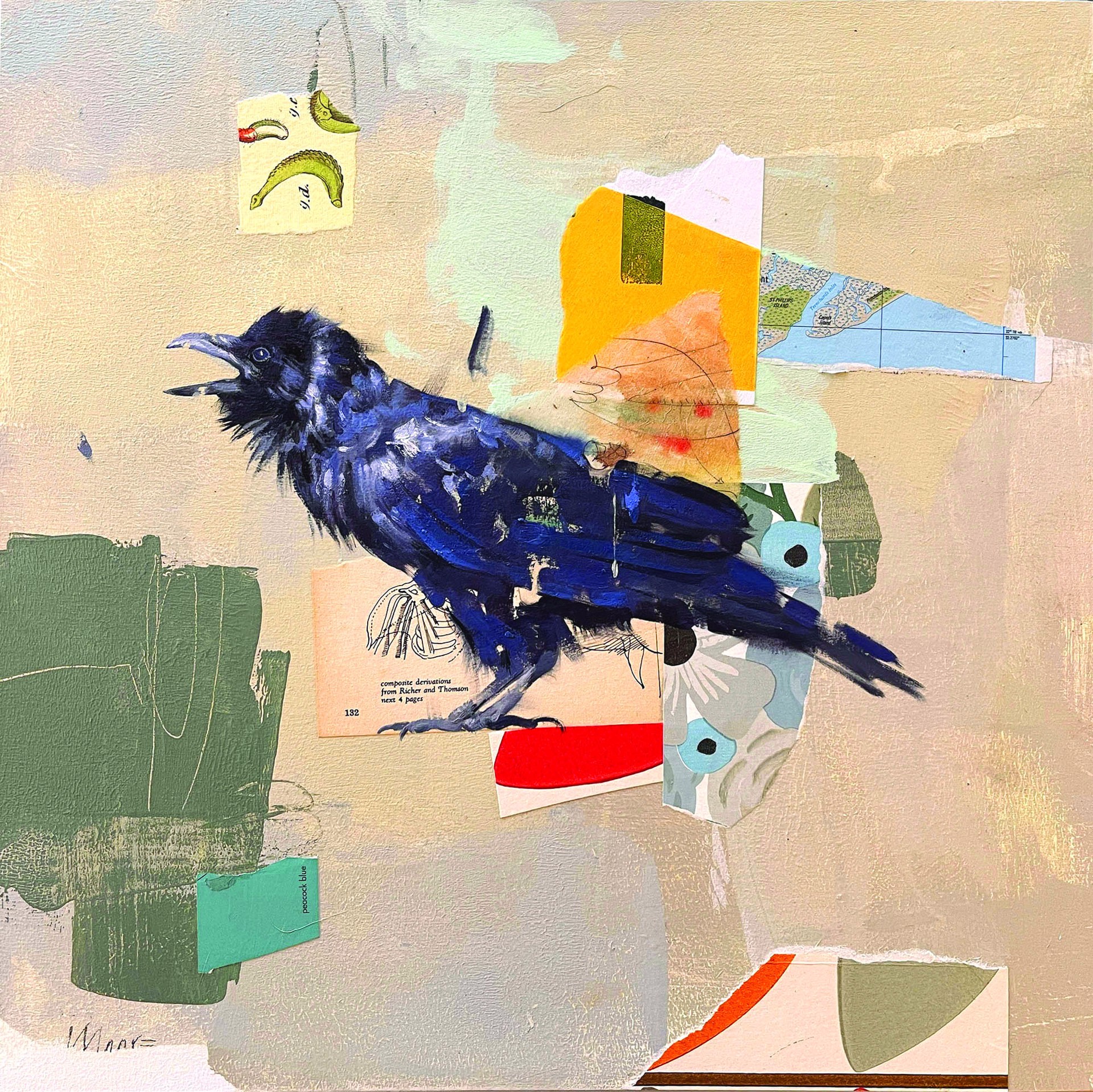 Original Mixed Media Painting Featuring A Raven On Abstract Background With Collage