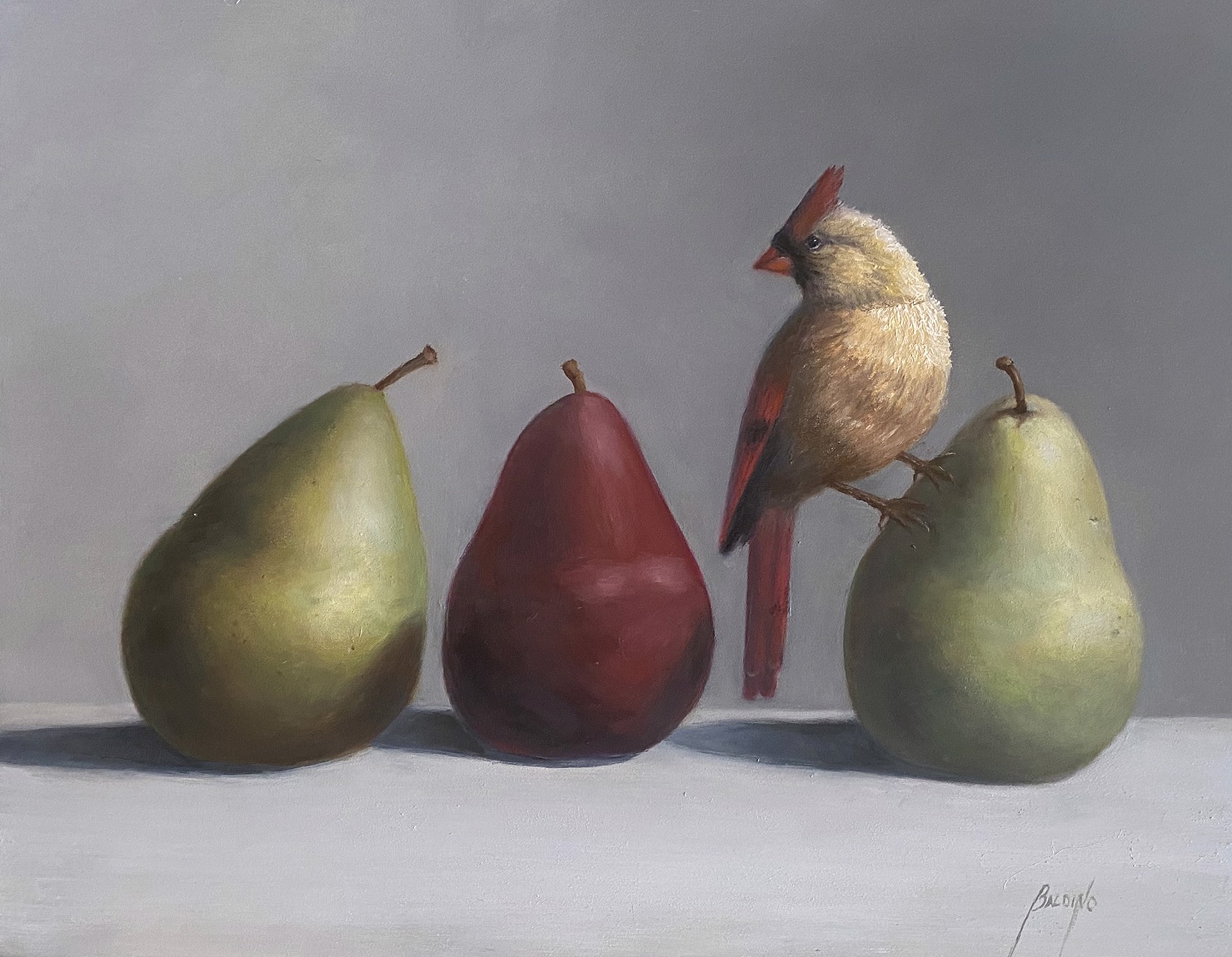Female Cardinal with Pears by Patt Baldino