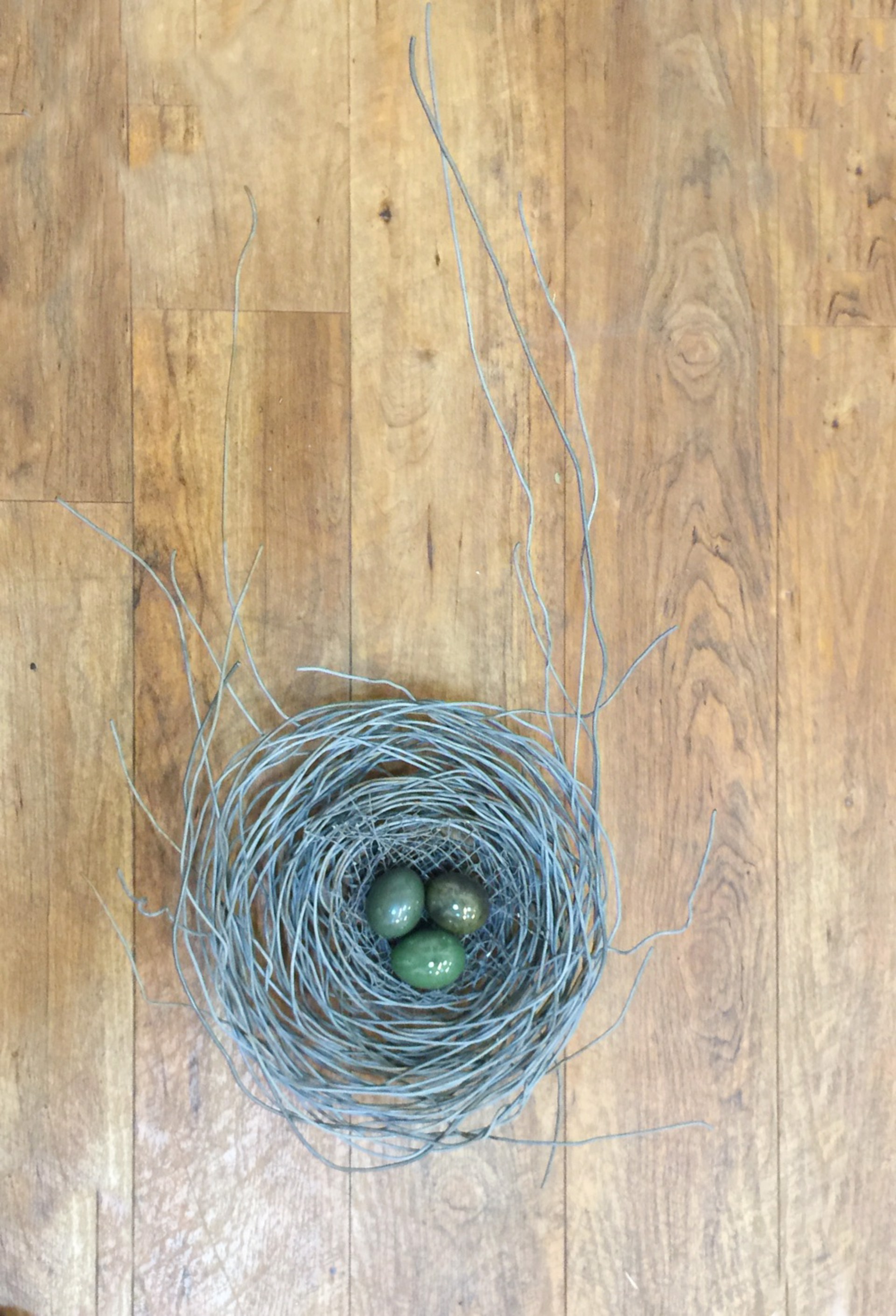 Hand Woven Grey Wire Nest With 3 Green Ceramic Eggs - 1318 by Phil Lichtenhan