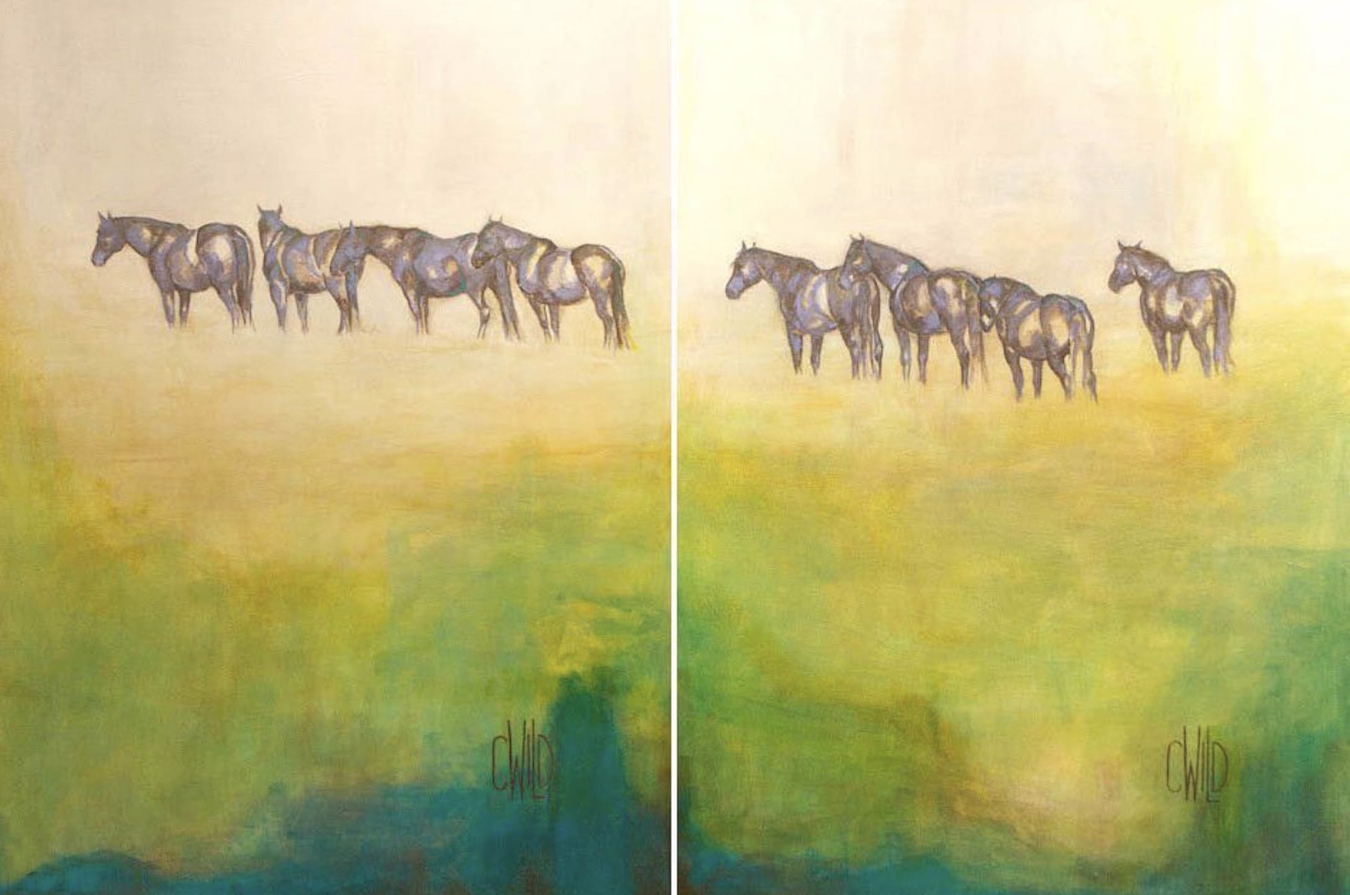 Original Painting Featuring A Herd Of Wild Horses Over Abstracted Landscape In Greens