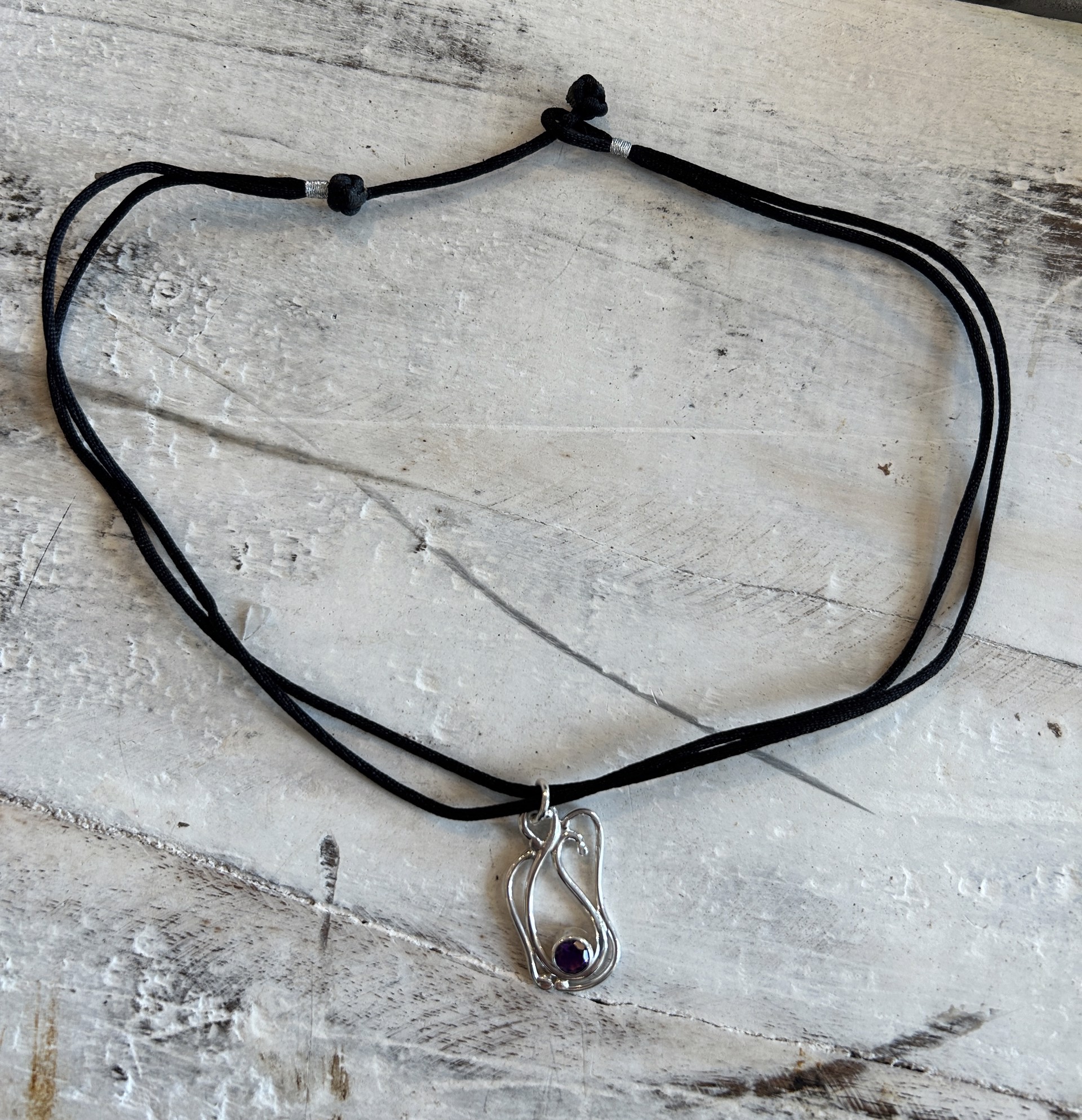 Necklace | Sterling Silver Freeform Design with Amethyst on Black Cord by Amy Shady