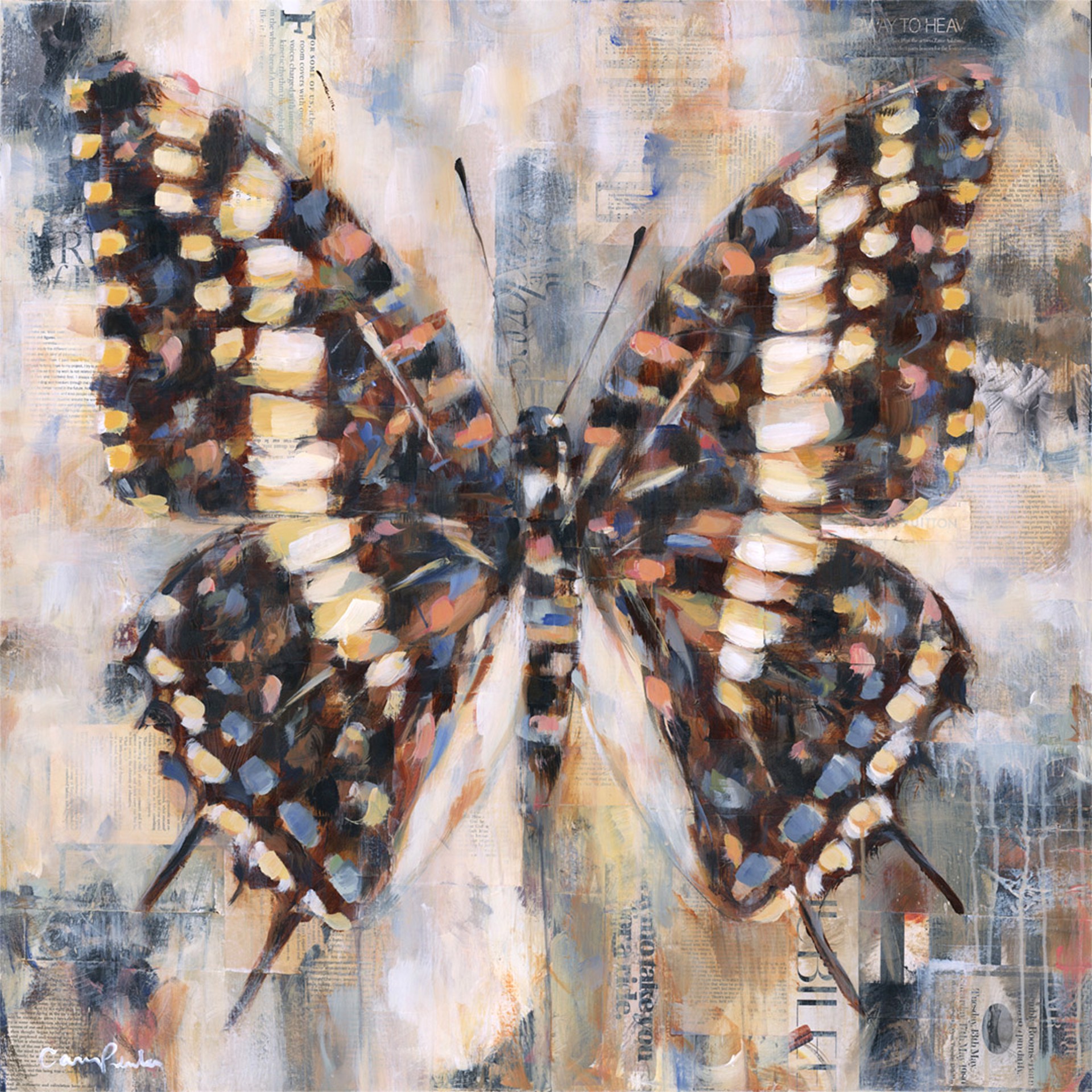 Original Mixed Media Painting By Carrie Penley Featuring A Butterfly With Vintage Collage Background