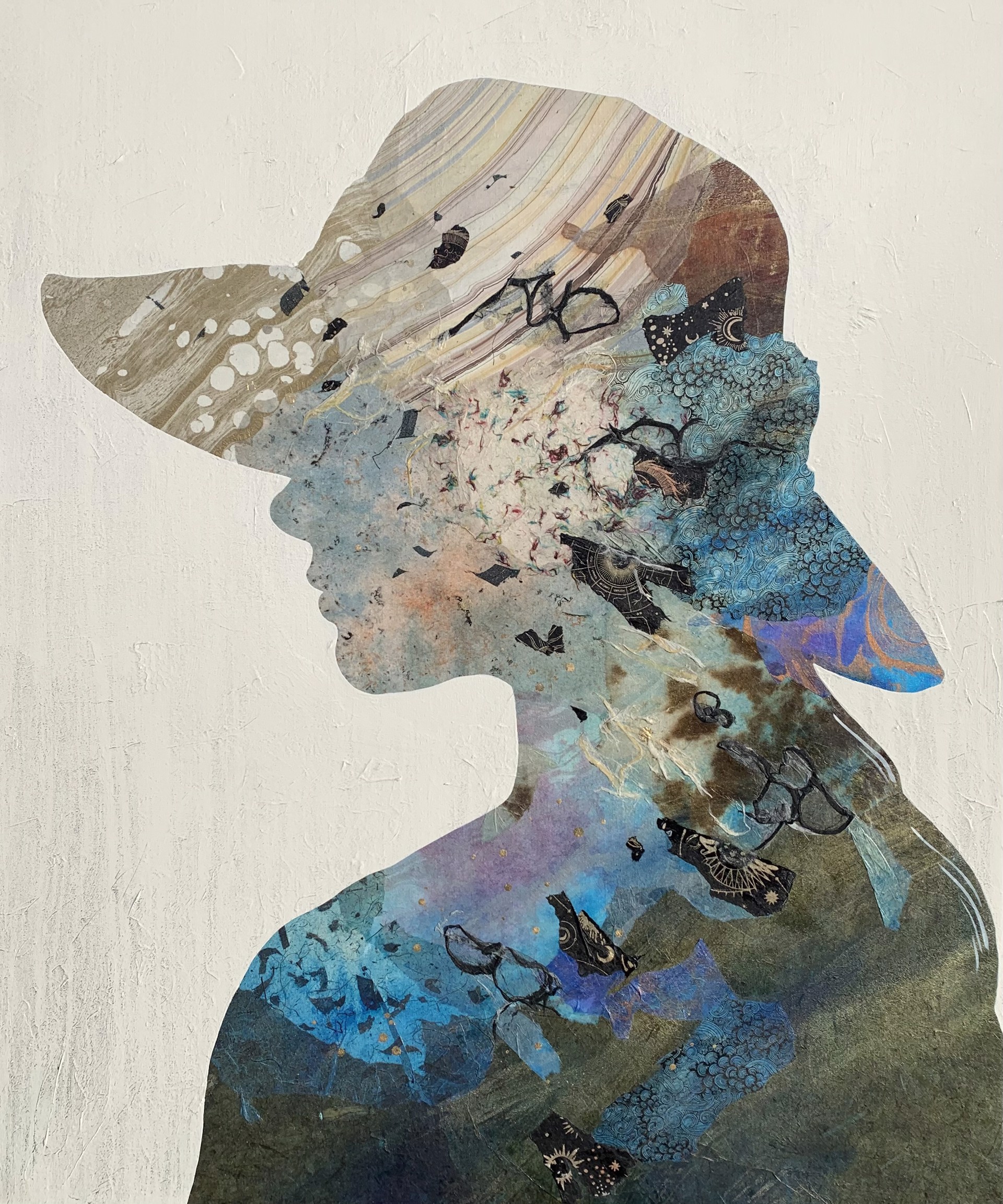 An abstract painting inside the silhouette of a woman in a beach hat on