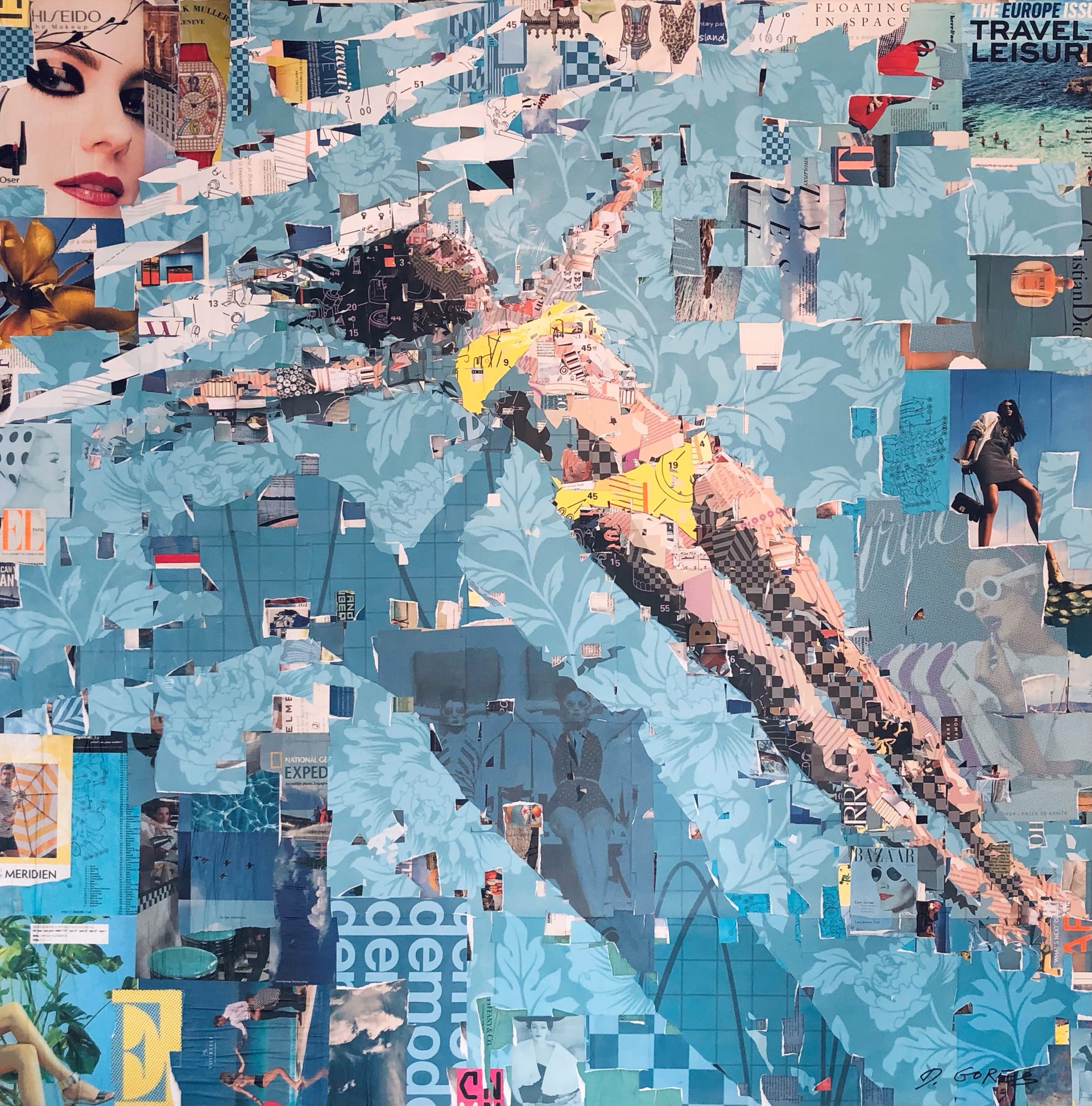 Sea of Tranquility Yellow 3 by Florida Artist Derek Gores 60"H x 60"W collage on canvas
