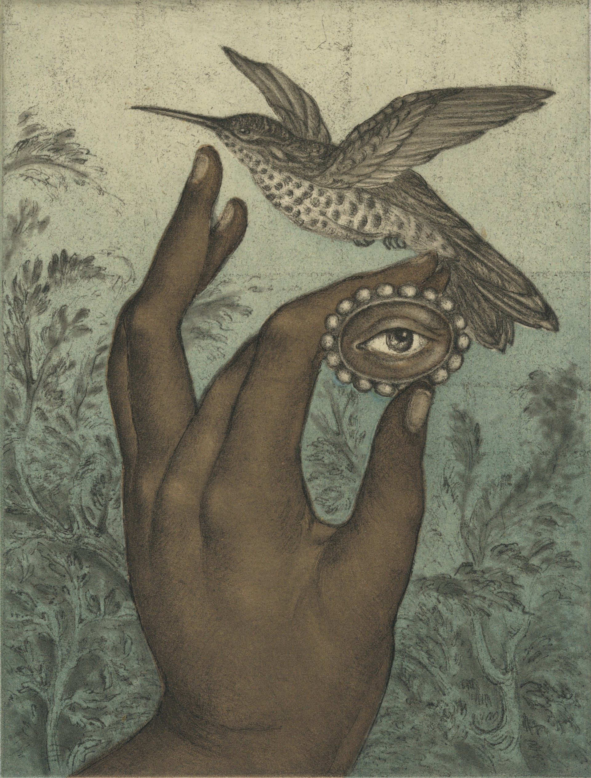 Hand with Hummingbird and Lover’s Eye by Fatima Ronquillo