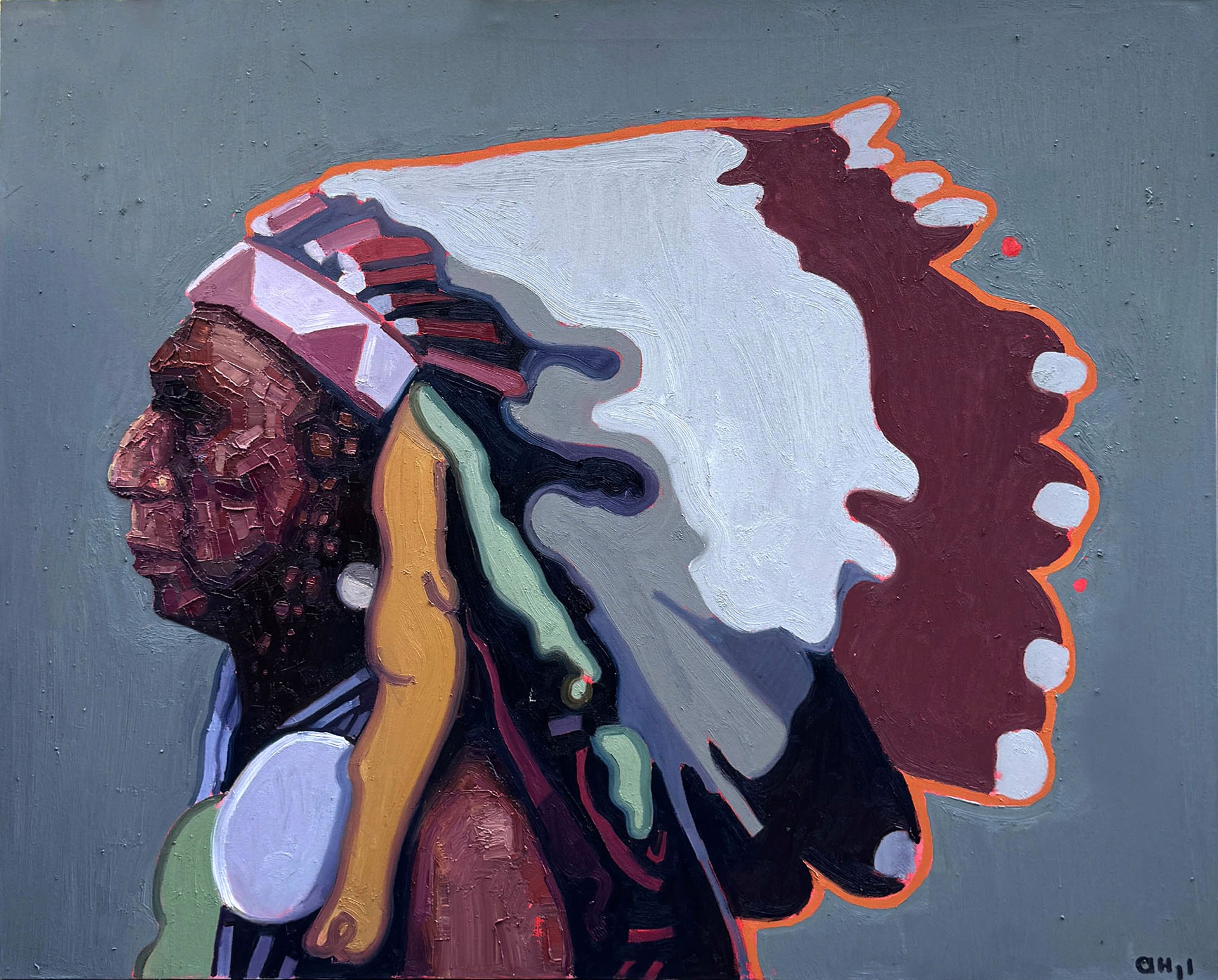 Original Oil Painting By Aaron Hazel Featuring Chief White Buffalo On A Grey Background