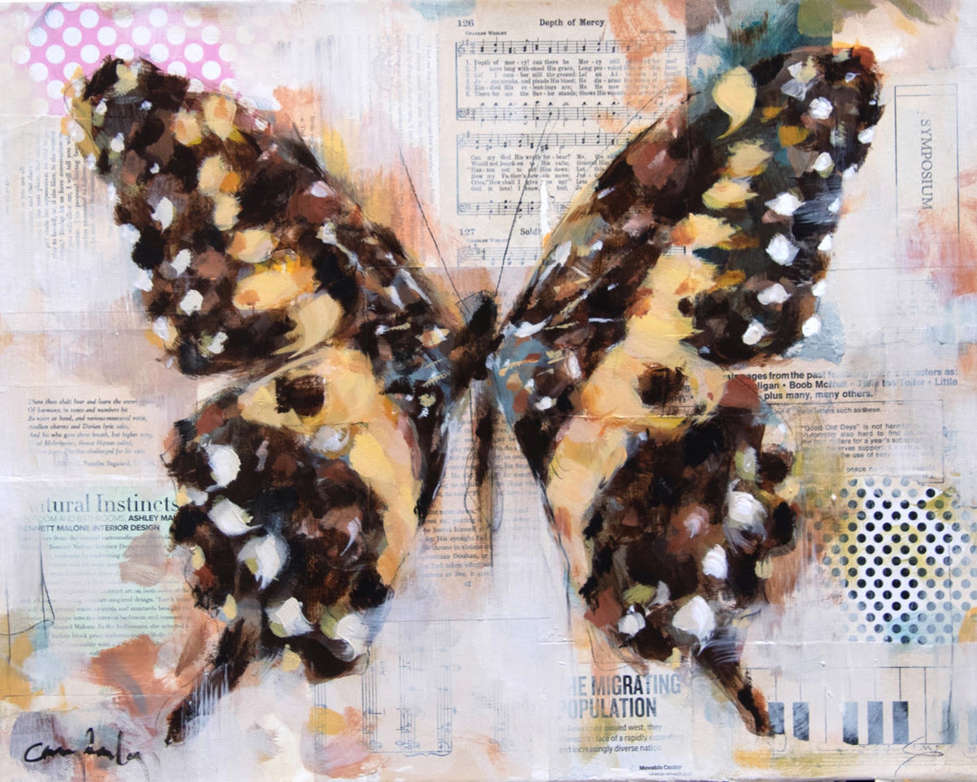 Acrylic Collage Painting Of A Brown And Yellow Butterfly By Carrie Penley